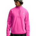 Men's Nike ACG Wolf Grid Therma-FIT 1/2 Zip Top Desert Pink Light Crimson Summit White front view on male trail runner showing half-zip design with thumbholes and vertical zippered chest pocket for hiking and scrambling