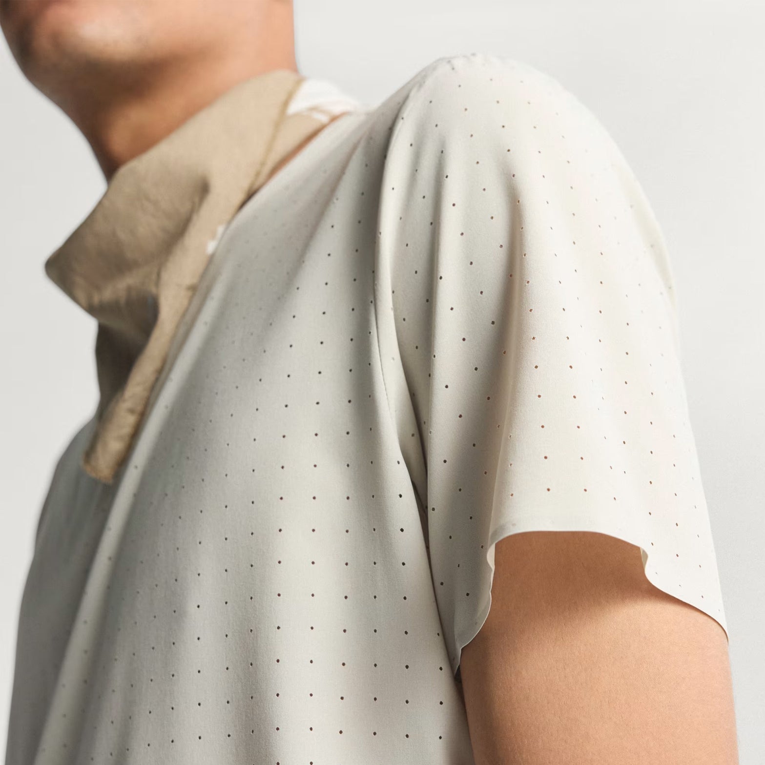 Men's adidas Adi365 H.Koumori Running Tee Putty Grey close-up of soft cotton fabric showing natural breathable construction with comfortable feel for running and exploration