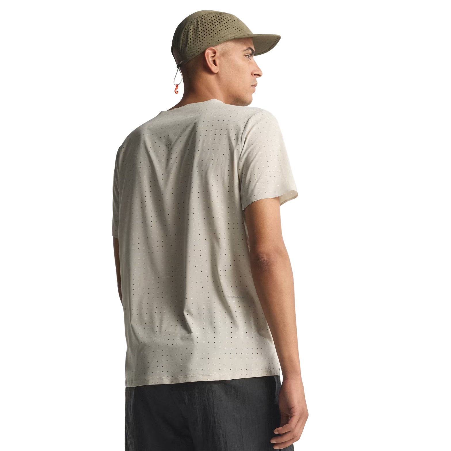 Men's adidas Adi365 H.Koumori Running Tee Putty Grey back view on male runner showing inner back pocket with integrated key clip for secure small essentials storage