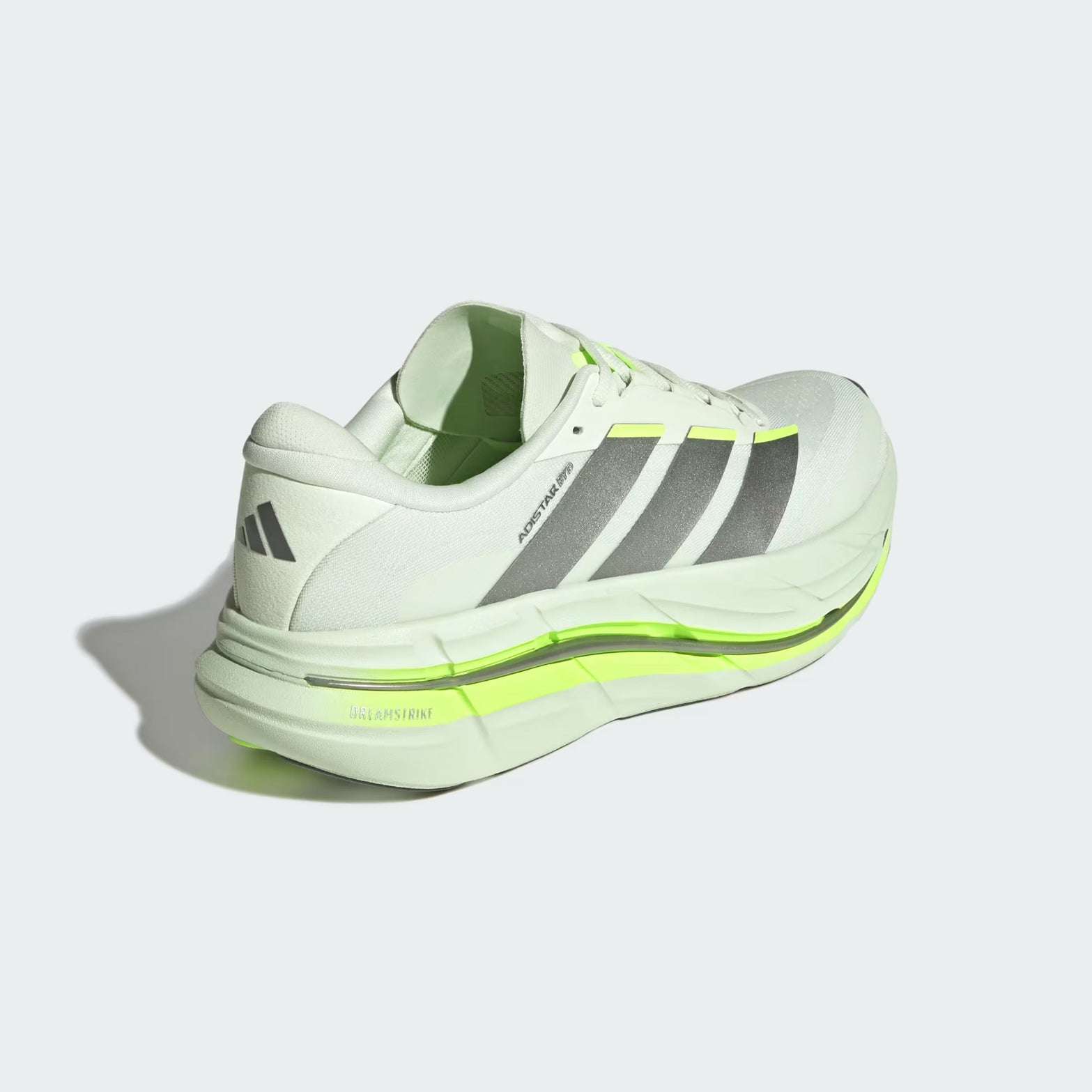 Men's Adidas Adistar BYD 2 Running Shoes Off White Iron Metallic Hi Res Green heel view showing Dreamstrike foam with rocker geometry and distance last for cushioned impact protection during extended running