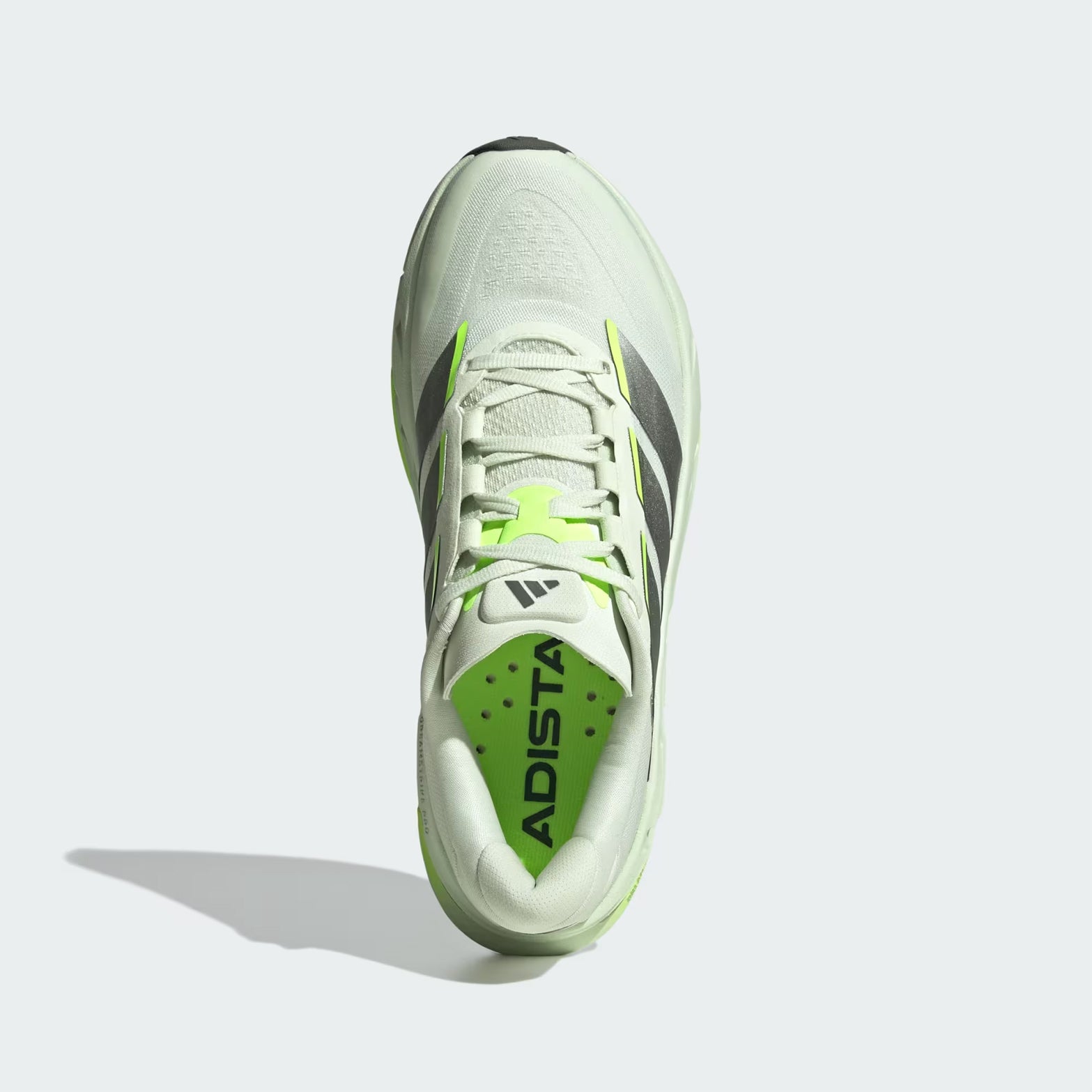 Men's Adidas Adistar BYD 2 Running Shoes Off White Iron Metallic Hi Res Green top view showing adjustable lacing system with distance last construction for tailored long-distance running fit