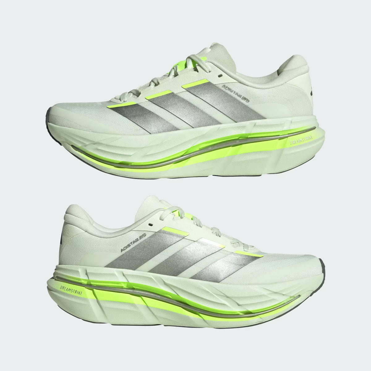 Men's Adidas Adistar BYD 2 Running Shoes Off White Iron Metallic Hi Res Green showing outer and inner side views displaying Dreamstrike foam midsole with rocker geometry and internal fit panel for smooth supportive long-distance running