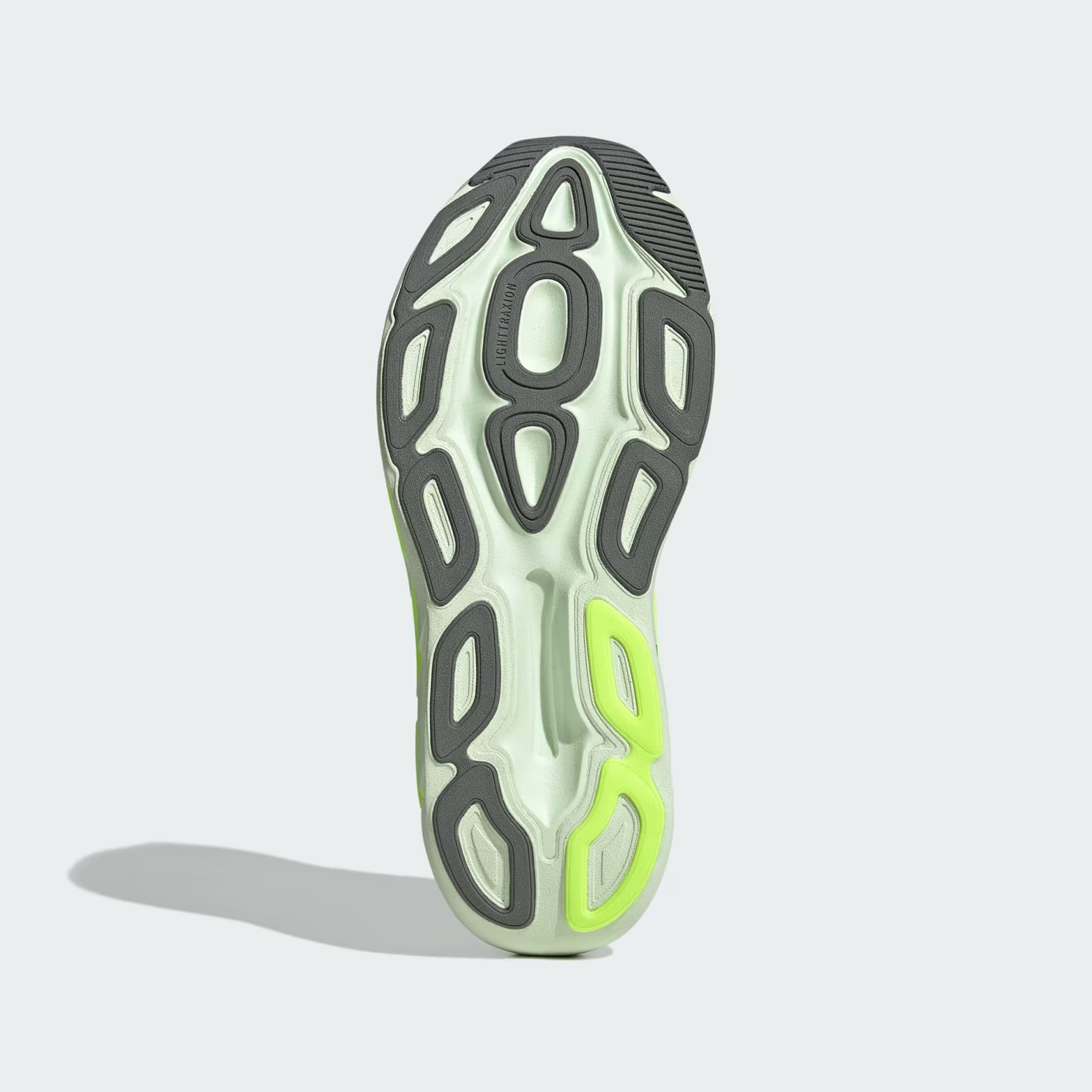 Men's Adidas Adistar BYD 2 Running Shoes Off White Iron Metallic Hi Res Green sole view displaying midsole rocker geometry for efficient heel-to-toe rolling motion during long-distance training