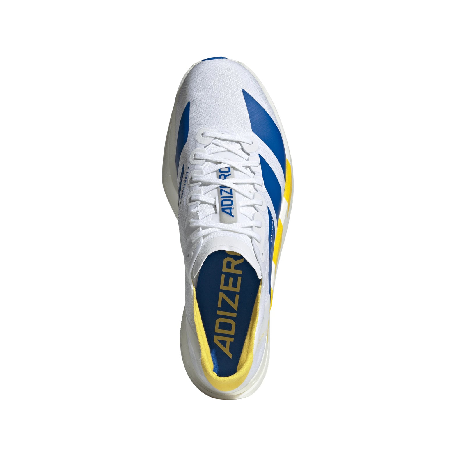 Men's Adidas Adizero Adios Pro 4 Running Shoes Cloud White Blue Yellow top view showing textile and synthetic upper with lace closure system