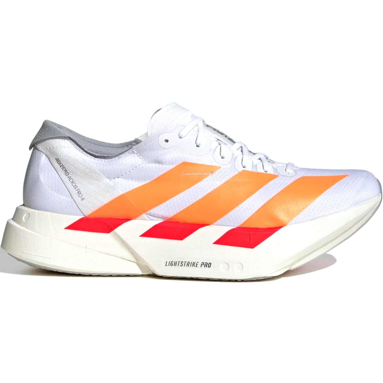 Adidas Adizero Adios Pro 4 men's running shoes in Cloud White Lucid Orange Lucid Red outer side view showing ENERGYRODS 2.0 and LIGHTSTRIKE PRO cushioning