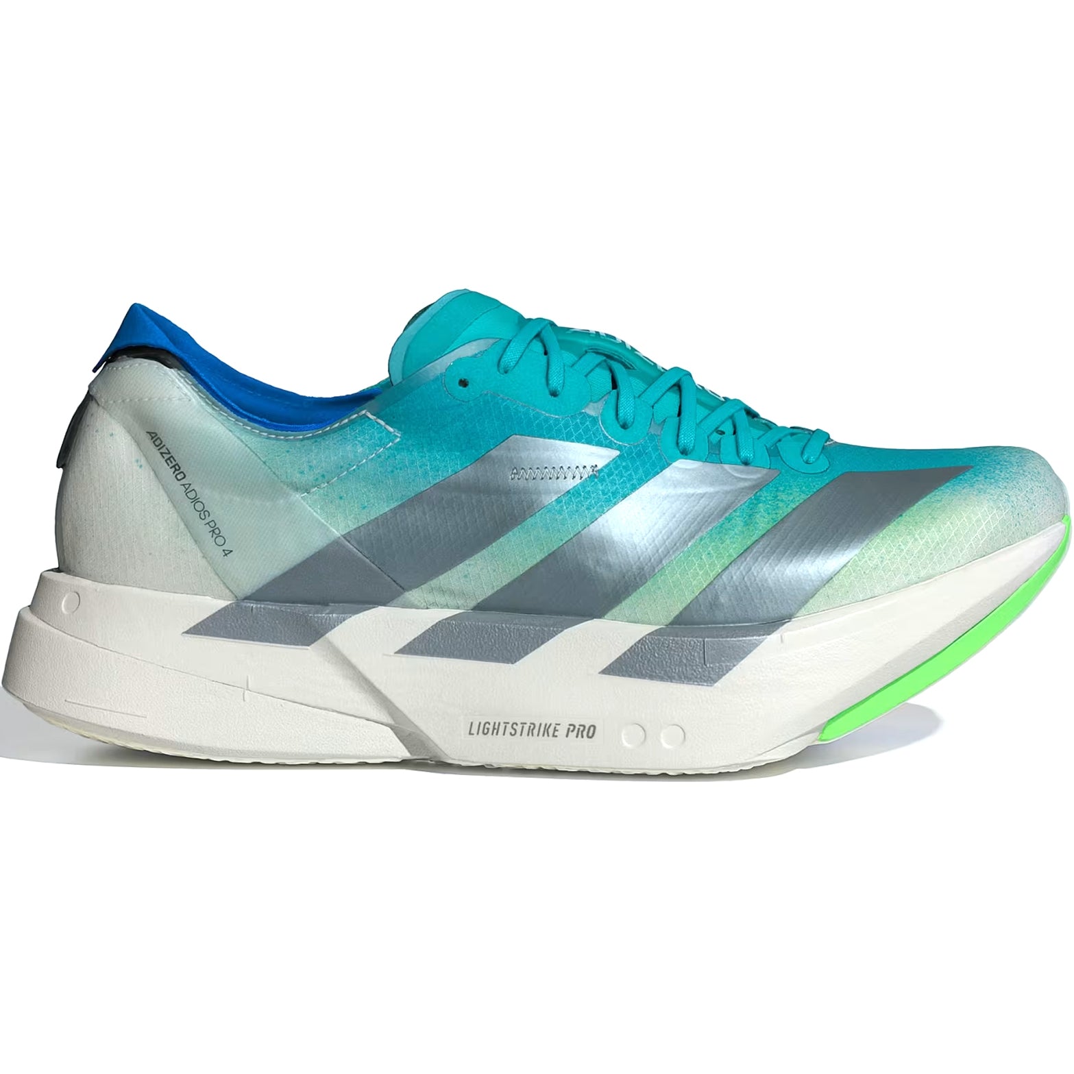 Men's Adizero Adios Pro 4 Running Shoes Hi-Res Aqua Iron Metallic Grey One outer side view showing carbon plate construction