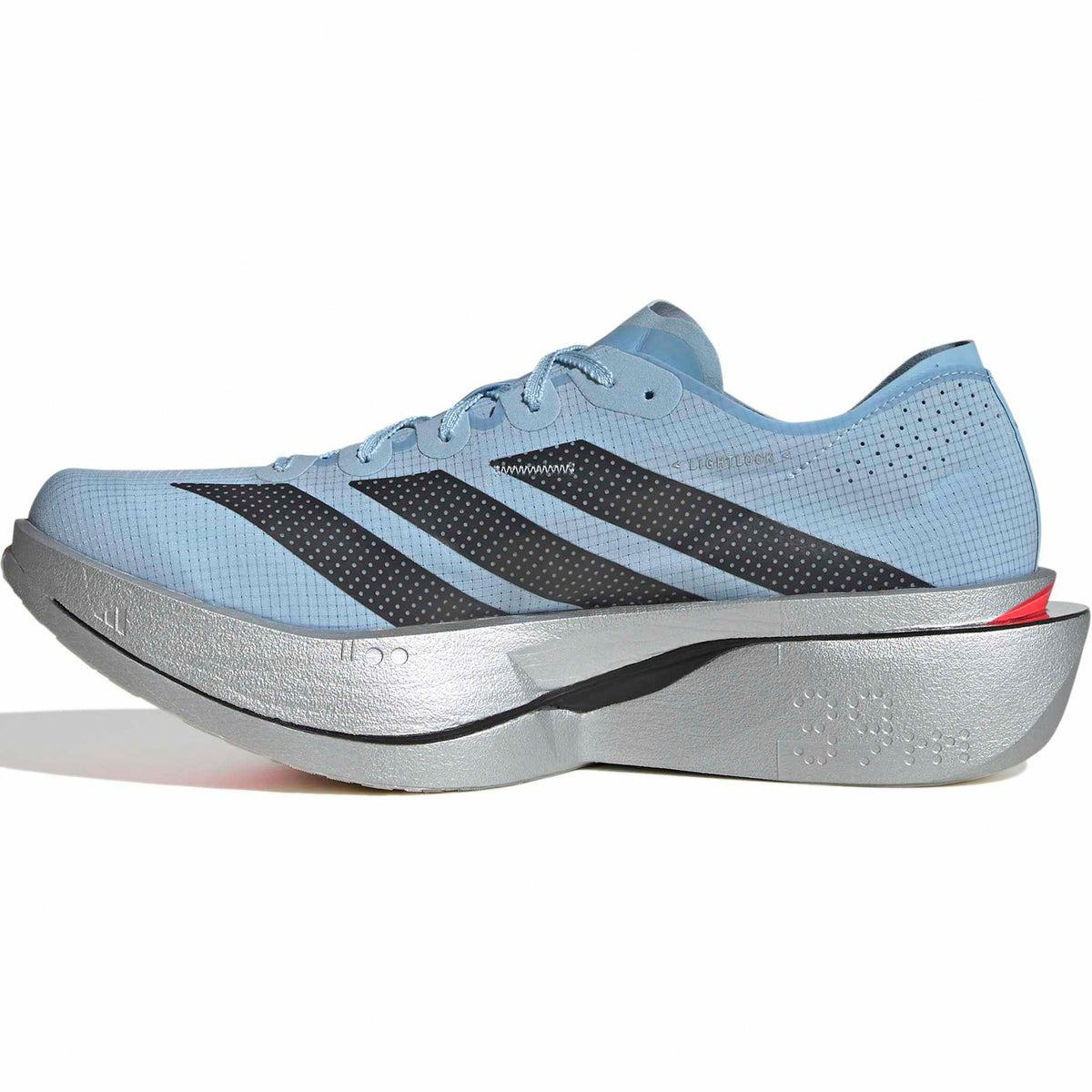 Men’s Adizero Adios Pro 5 Running Shoes Clear Sky by Adidas feature black stripes, a thick silver LightstrikePro midsole, red heel accent, and a lightweight aerodynamic design for marathon performance.