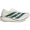 Off-white Men’s Adizero Adios Pro 5 running shoe with three green striped panels and a thick, chunky midsole featuring LightstrikePro cushioning.