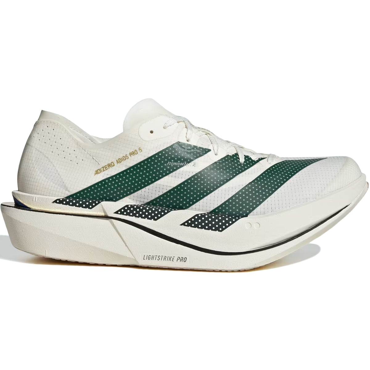 Off-white Men’s Adizero Adios Pro 5 running shoe with three green striped panels and a thick, chunky midsole featuring LightstrikePro cushioning.