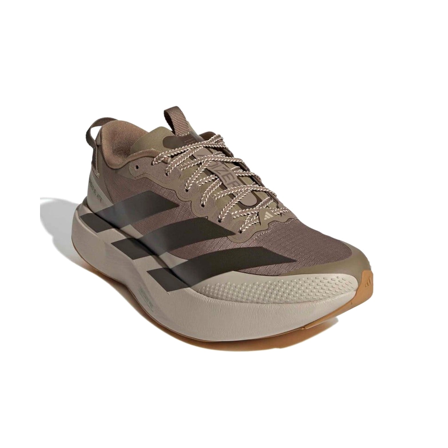 Men's adidas Adizero EVO SL ATR Running Shoes Khaki Six Shadow Olive Khaki Three top view showing ripstop woven mesh upper with water-repellent properties and mudguard protection for all-weather running