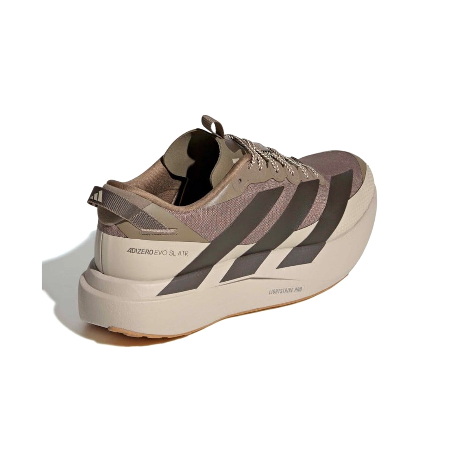 Men's adidas Adizero EVO SL ATR Running Shoes Khaki Six Shadow Olive Khaki Three heel view showing LIGHTSTRIKE PRO foam with ADIZERO sling launch and Cold Cement construction for secure all-terrain runnin