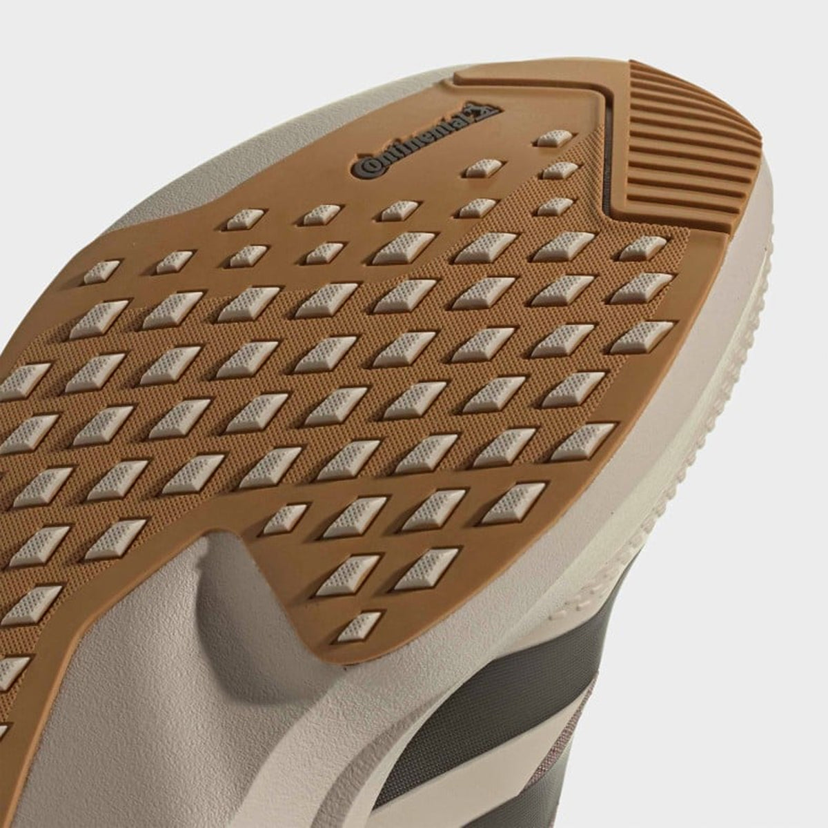 Men's adidas Adizero EVO SL ATR Running Shoes Khaki Six Shadow Olive Khaki Three angled sole view showing Continental rubber outsole with 1.5mm lugs for lightweight grip across road, gravel and mixed terrain conditions