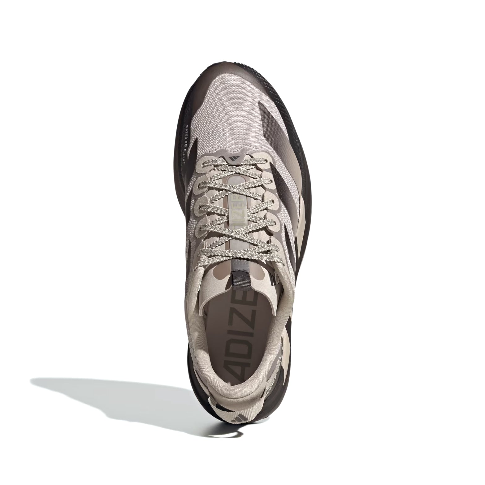 Men's adidas Adizero EVO SL ATR Running Shoes Light Brown Silver Pebble top view showing ripstop woven mesh textile upper with water-repellent properties and regular fit
