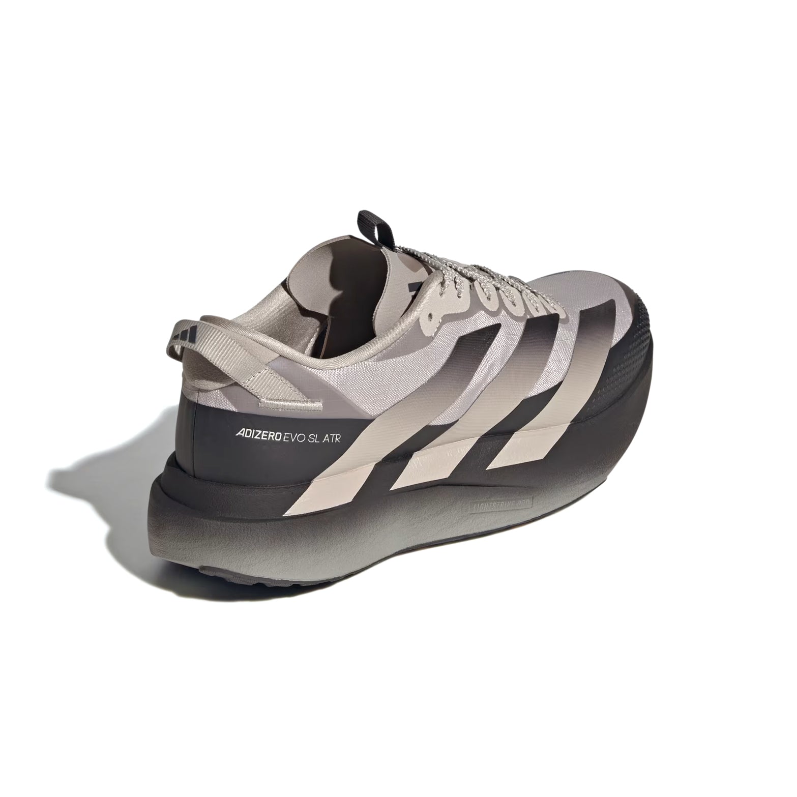 Men's adidas Adizero EVO SL ATR Running Shoes Light Brown Silver Pebble heel view showing LIGHTSTRIKE PRO energy return cushioning with ADIZERO sling launch and mudguard protection