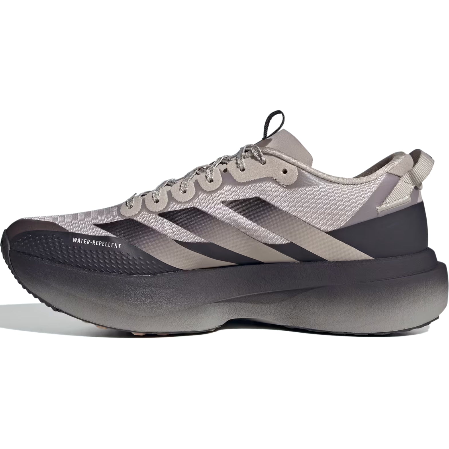 Men's adidas Adizero EVO SL ATR Running Shoes Light Brown Silver Pebble inner side view showing LIGHTSTRIKE PRO cushioning with ADIZERO sling launch heel lockdown and Cold Cement construction