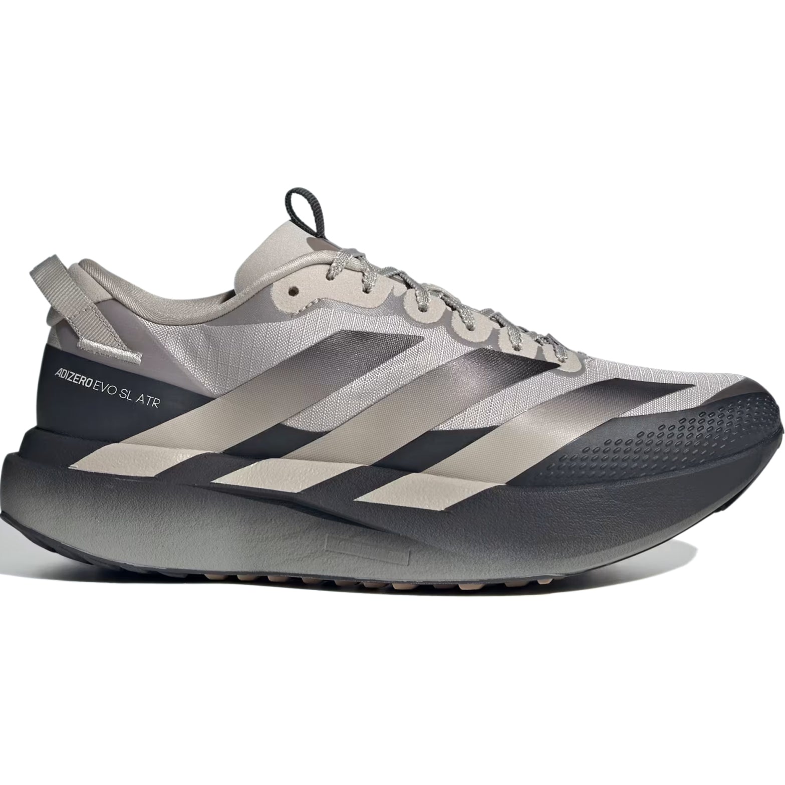 Men's adidas Adizero EVO SL ATR Running Shoes Light Brown Silver Pebble outer side view showing LIGHTSTRIKE PRO midsole with water-repellent textile upper and mudguard