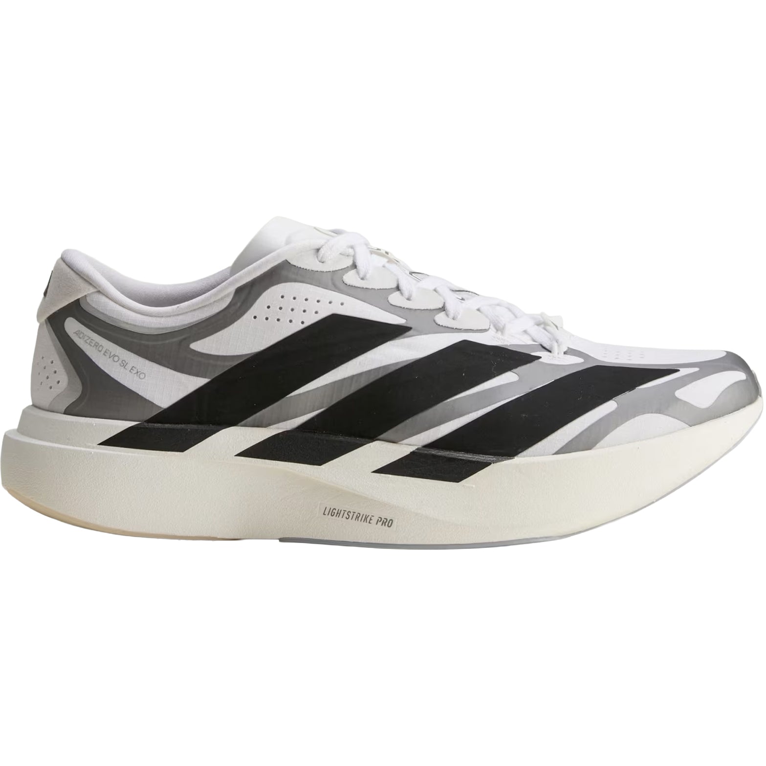 adidas Adizero EVO SL EXO men's running shoe in Cloud White / Core Black / Iron Metallic — outer view showing cloud white woven shell upper with core black exoskeleton overlays, oversized iron metallic 3-Stripes and LightstrikePro midsole profile