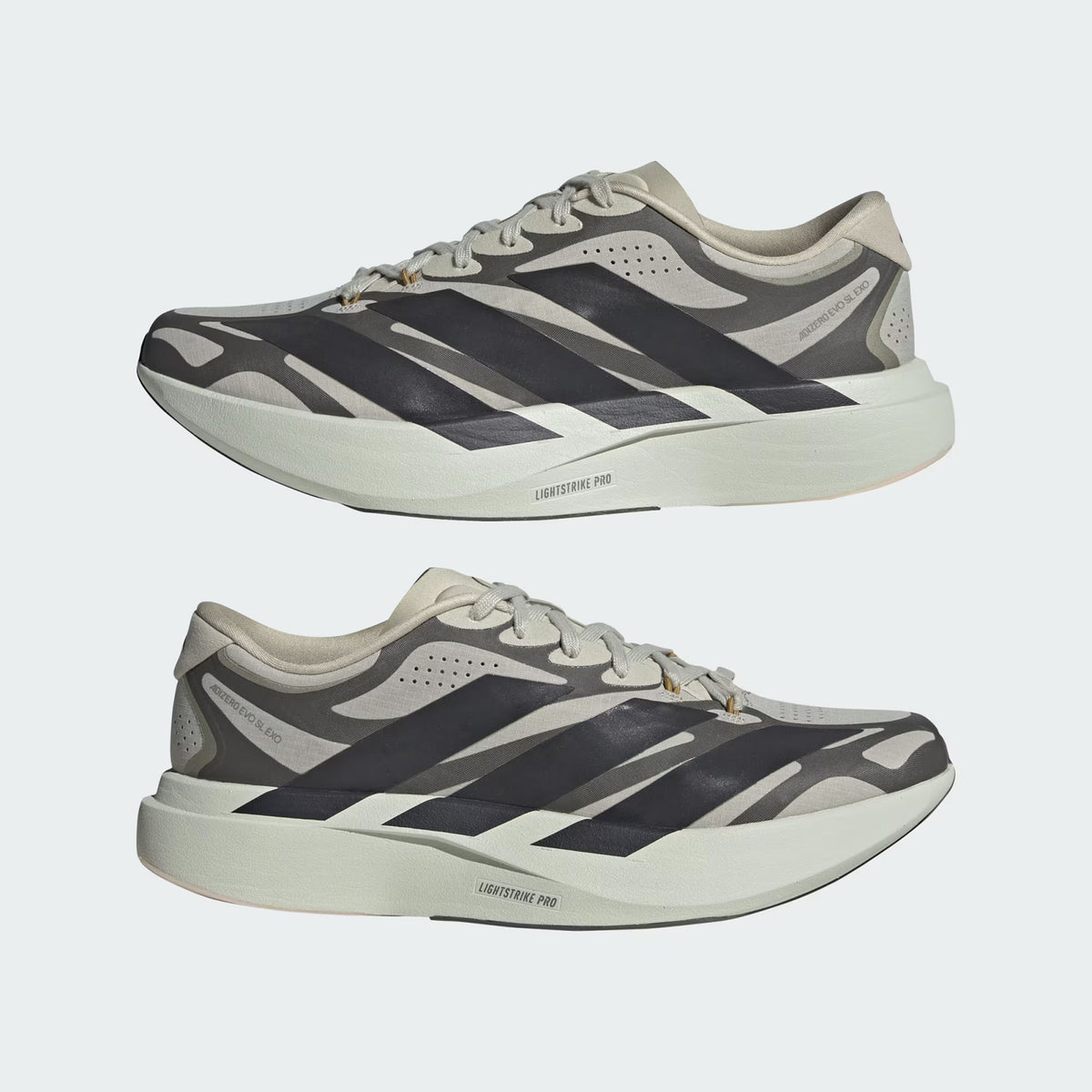 Men's adidas Adizero EVO SL EXO Running Shoes Putty Grey Utility Black Iron Metallic showing outer side with EXOSKELETON protective woven shell and inner side displaying LIGHTSTRIKE PRO cushioning with heel-to-toe support for dynamic running