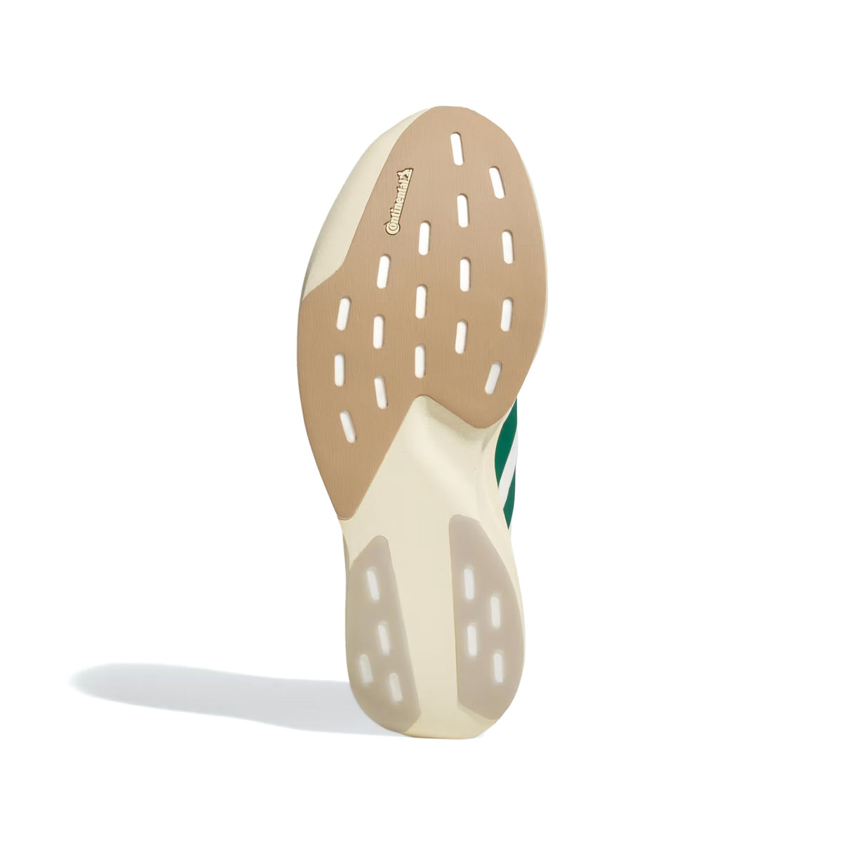 The image displays the beige and white outsole of the Men’s Adidas Adizero EVO SL EXO Suede Running Shoes in Core White, Collegiate Green, and Cream White. Showcasing textured grips and small cutouts, the sole is viewed from below against a plain white background. Featuring performance-focused design details inspired by innovative LIGHTSTRIKE PRO technology and enhanced comfort engineered through the EXOSKELETON Fit System, this outsole exemplifies Adidas’ commitment to running innovation.