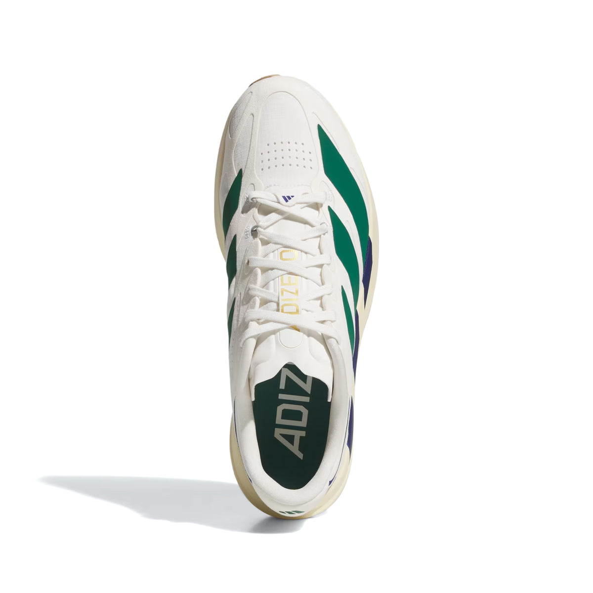 The Adidas Men’s Adizero EVO SL EXO Suede Running Shoes in Core White, Collegiate Green, and Cream White are shown from above on a white background, highlighting their sleek white design with green stripes, purple accents, “ADIZERO” text on the tongue, and advanced LIGHTSTRIKE PRO cushioning for an innovative running experience.