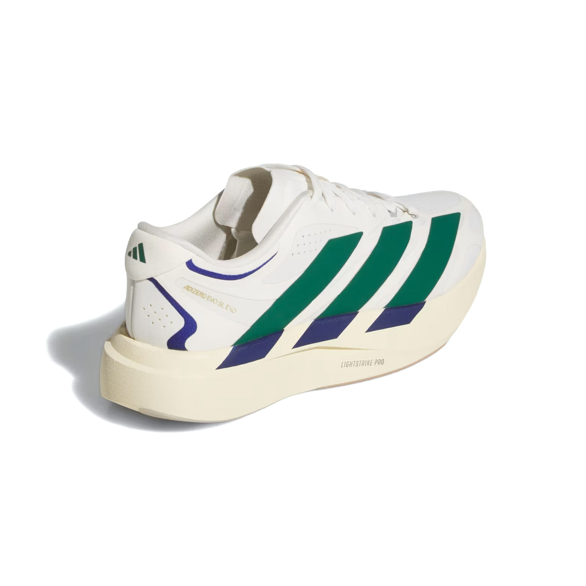 The adidas Men’s Adizero EVO SL EXO Suede Running Shoes in Core White, Collegiate Green, and Cream White feature green and purple stripes, a chunky off-white sole with LIGHTSTRIKE PRO branding on the side, and highlight the innovative EXOSKELETON Fit System for enhanced support. Shown angled against a white background.