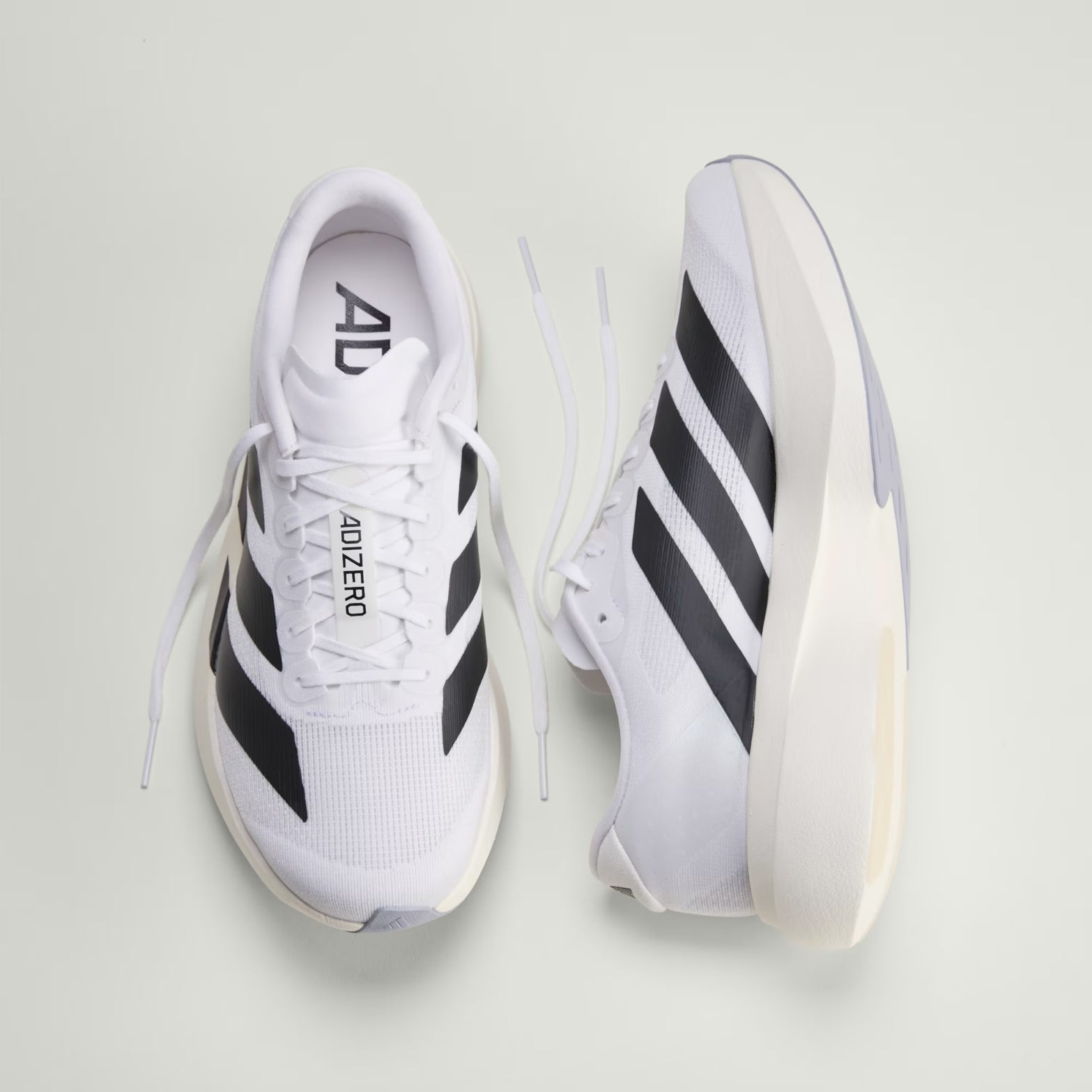 Men's adidas Adizero Evo SL Running Shoes Cloud White Core Black Cloud White top view showing synthetic and textile upper with racing-inspired aesthetic for versatile wear