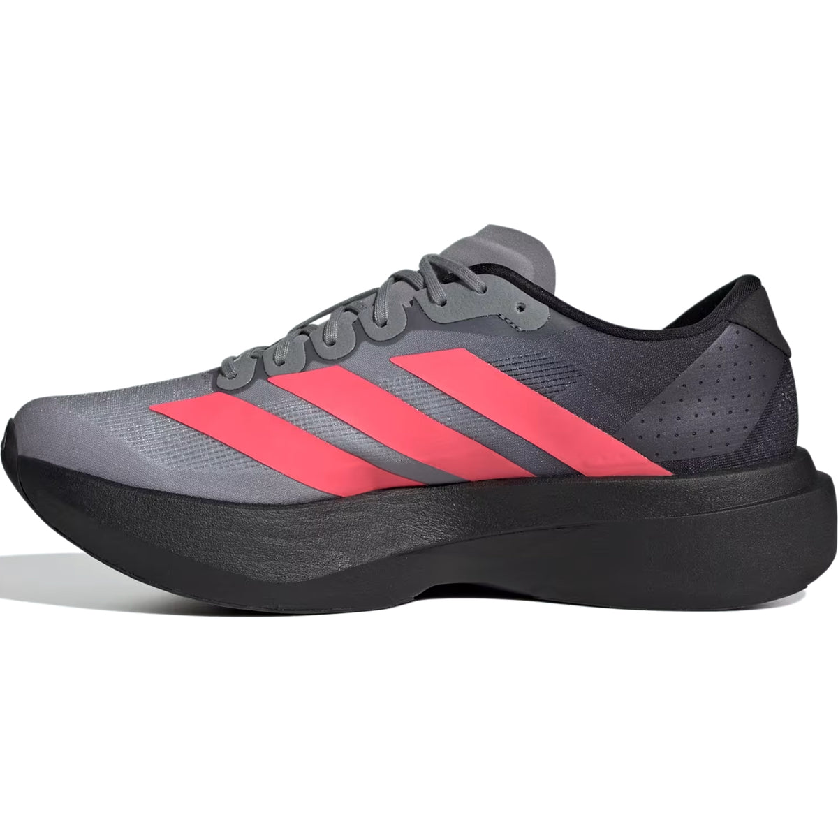 Men’s Adizero EVO SL Running Shoes in Core Black / Solar Turbo / Light Onix, featuring three bright pink stripes and a thick black LIGHTSTRIKE PRO foam midsole.