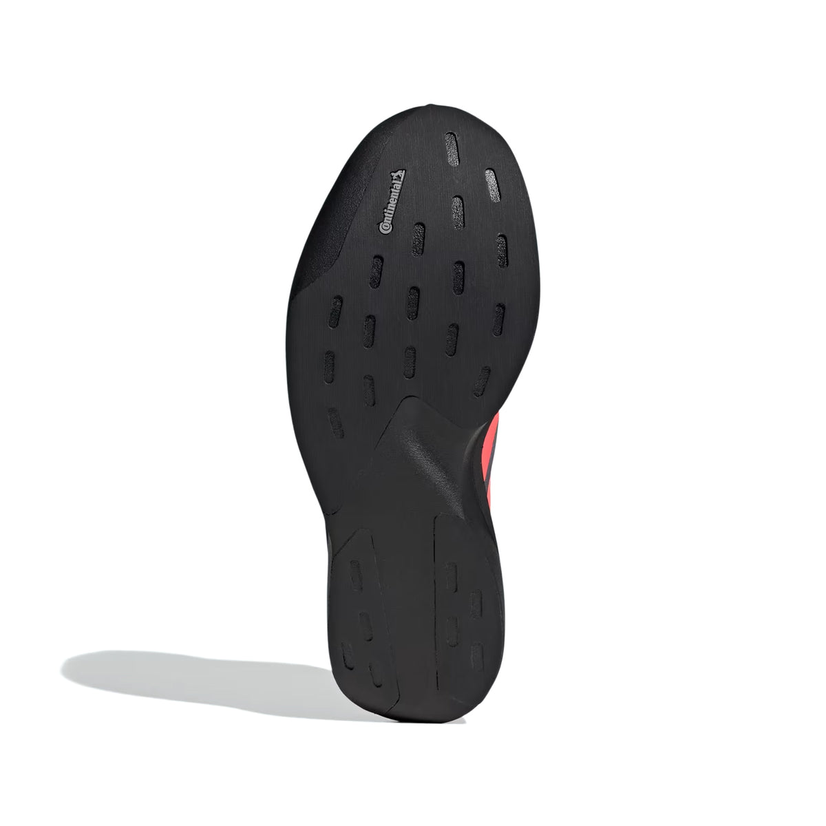 Outsole of a Men’s Adizero EVO SL Running Shoes Core Black / Solar Turbo / Light Onix, featuring small tread indentations and a Continental brand logo.