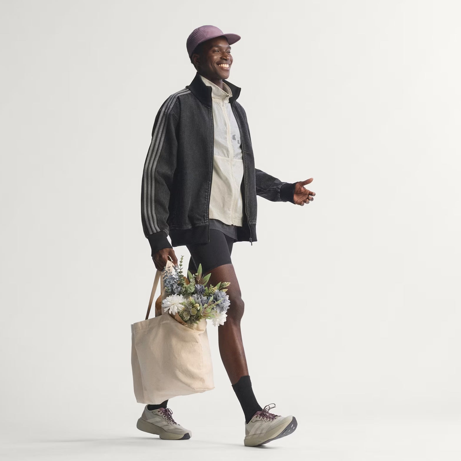 Men's Adizero EVO SL Woven H.Koumori Running Shoes Putty Grey Alumina Shadow Fig full body view of model walking 