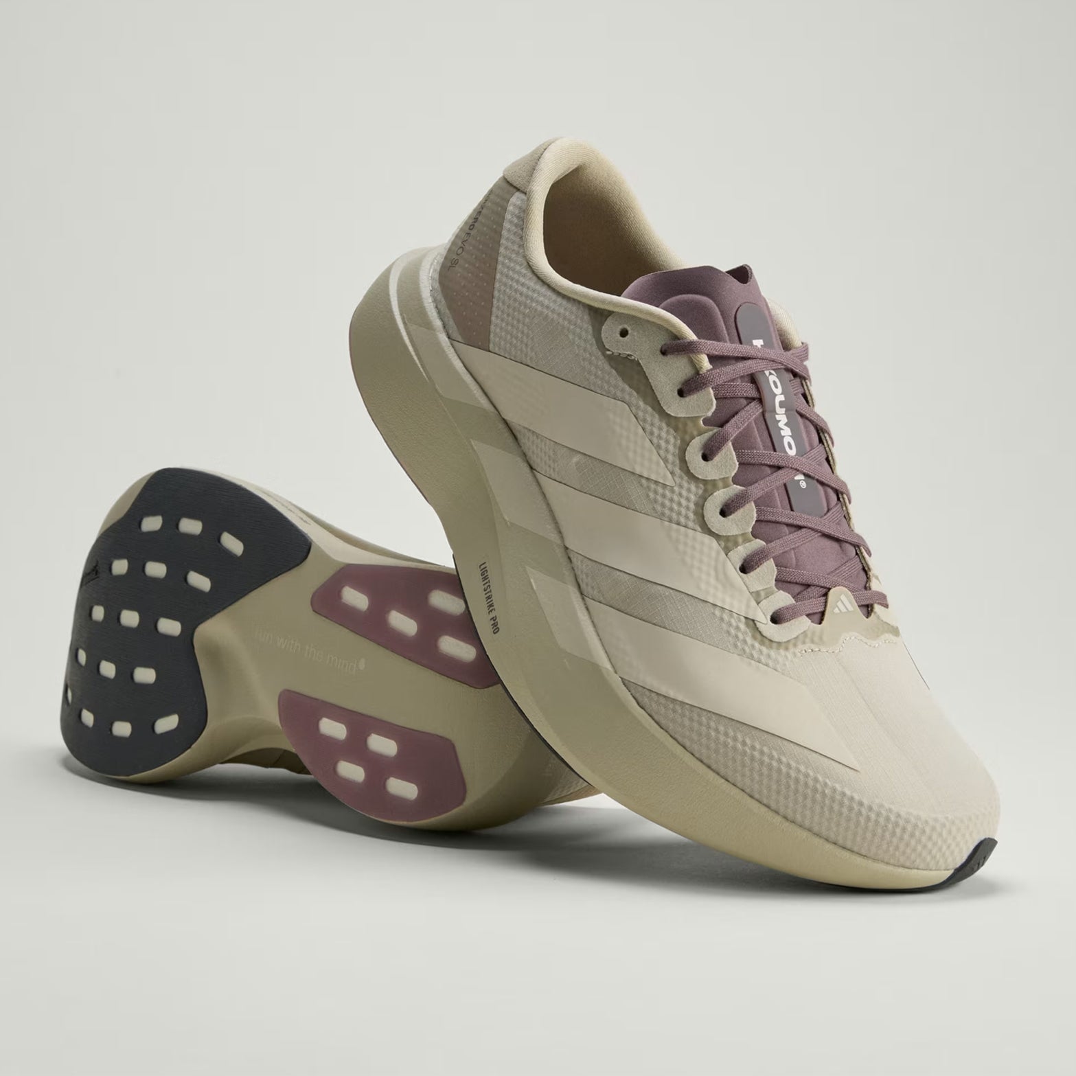 Men's Adizero EVO SL Woven H.Koumori Running Shoes Putty Grey Alumina Shadow Fig sole view and stacked side profile showing Continental Rubber outsole