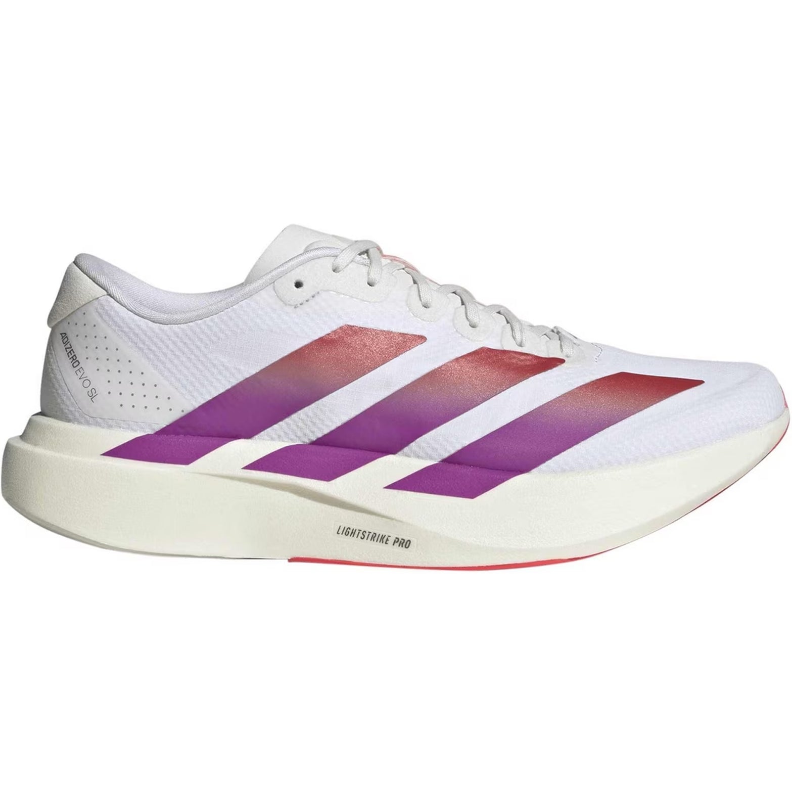 Men's adidas Adizero EVO SL Woven Running Shoes Cloud White Lucid Red Crystal White outer side view showing LIGHTSTRIKE PRO foam midsole with woven racing-inspired design for running and lifestyle wear