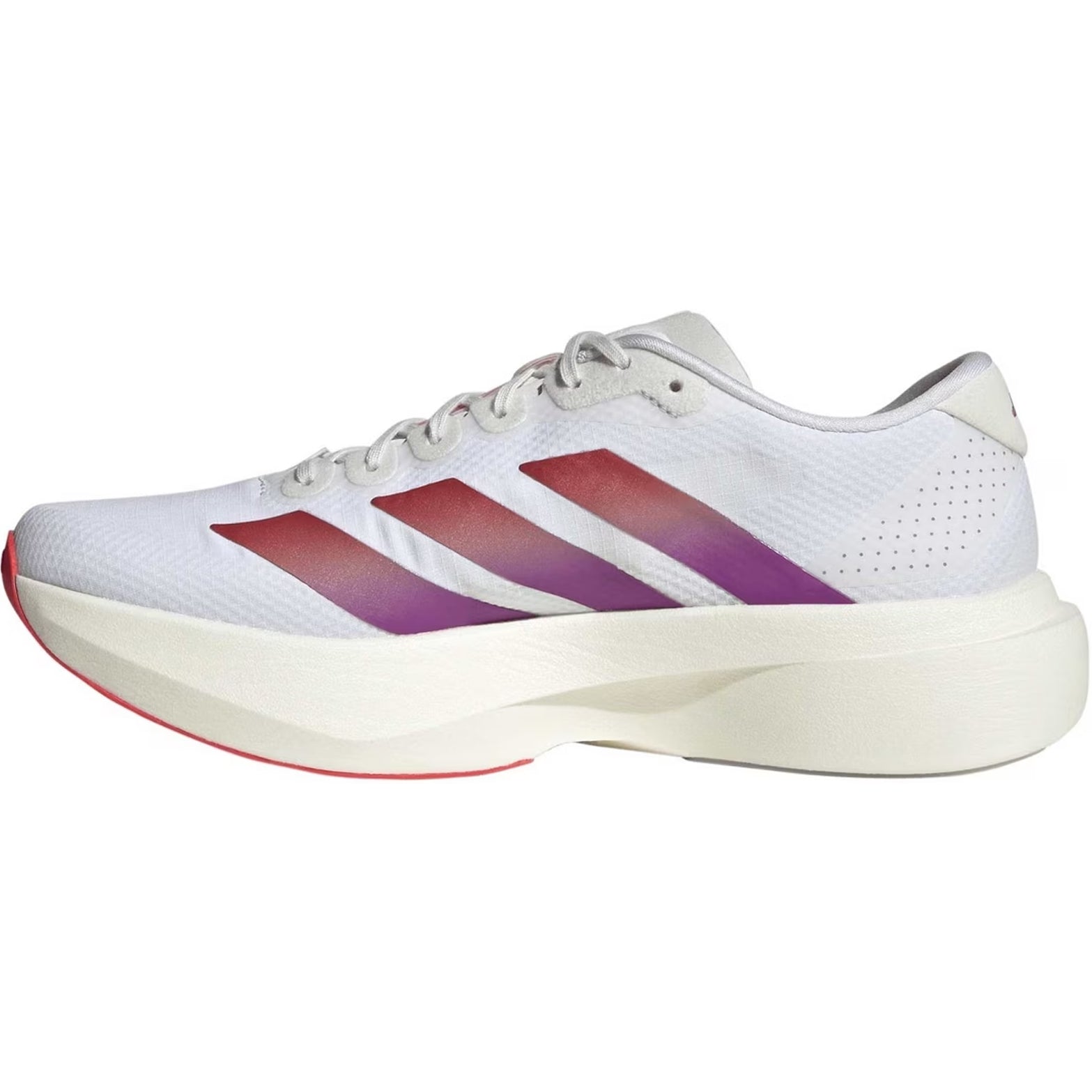 Men's adidas Adizero EVO SL Woven Running Shoes Cloud White Lucid Red Crystal White inner side view showing responsive LIGHTSTRIKE PRO cushioning with Continental rubber outsole
