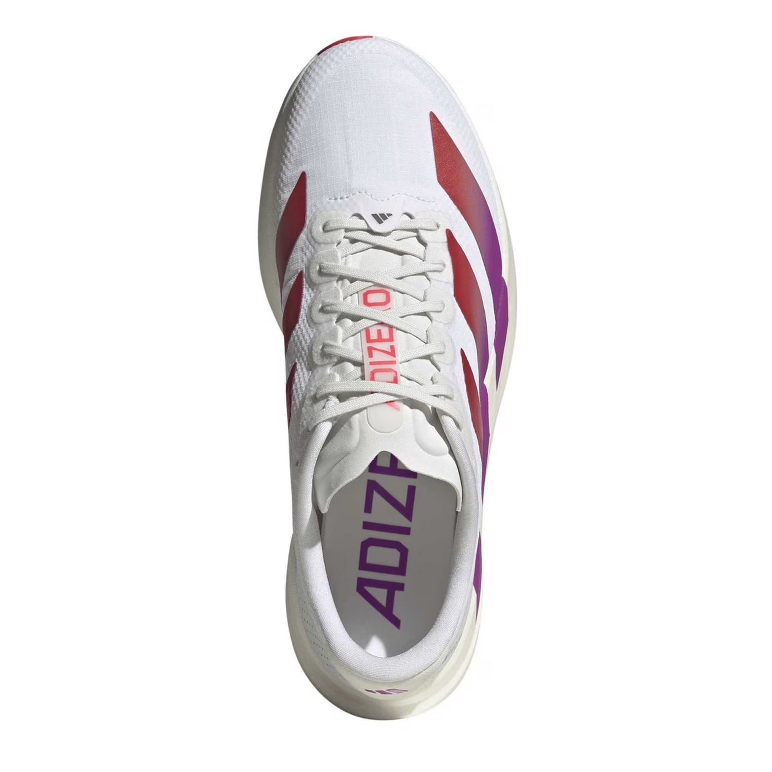 Men's adidas Adizero EVO SL Woven Running Shoes Cloud White Lucid Red Crystal White top view showing synthetic and textile woven upper with racing-inspired aesthetic for versatile wear