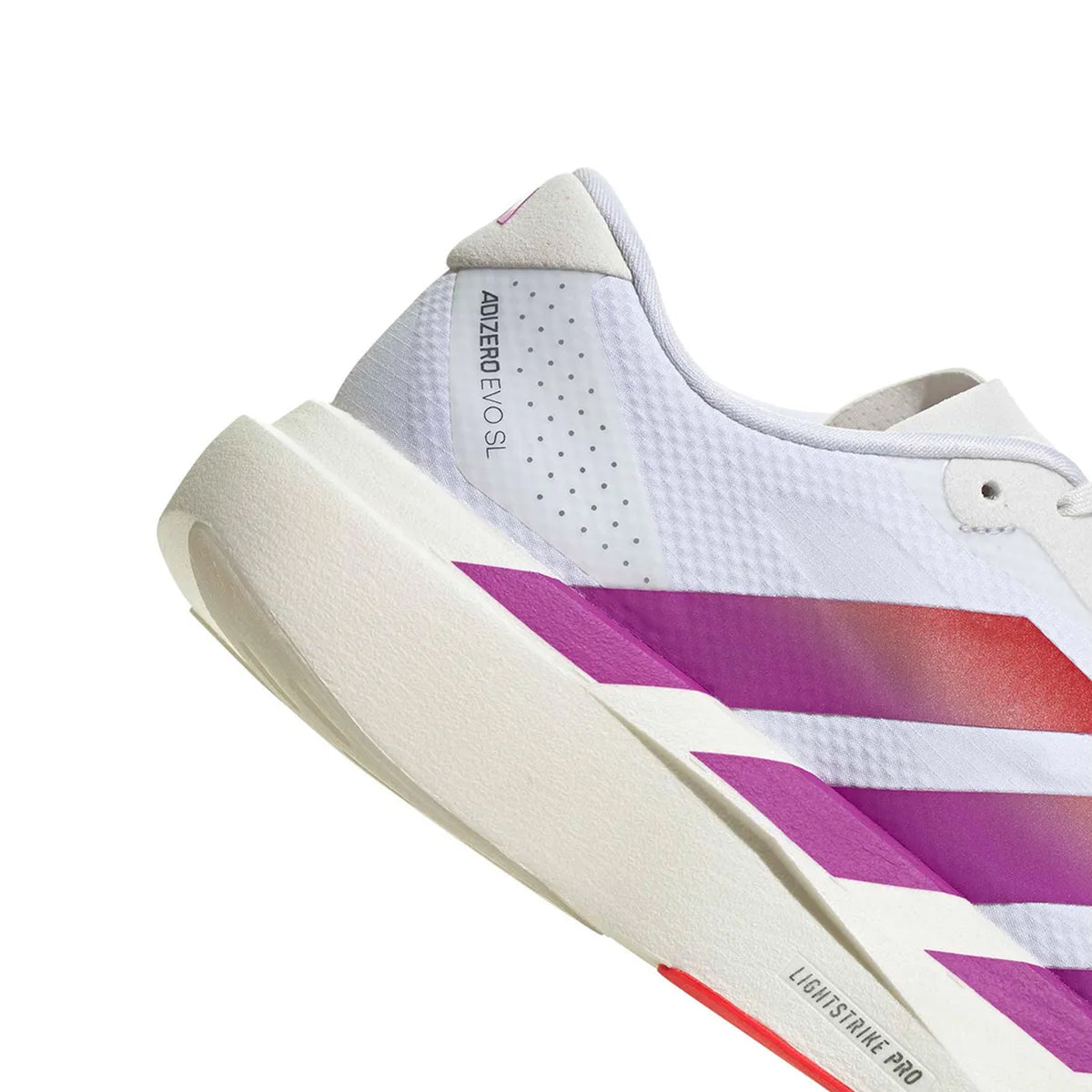 Men's adidas Adizero EVO SL Woven Running Shoes Cloud White Lucid Red Crystal White angled side and heel view showing LIGHTSTRIKE PRO foam midsole with Continental rubber outsole and bold woven racing-inspired aesthetic for speed training and everyday wear