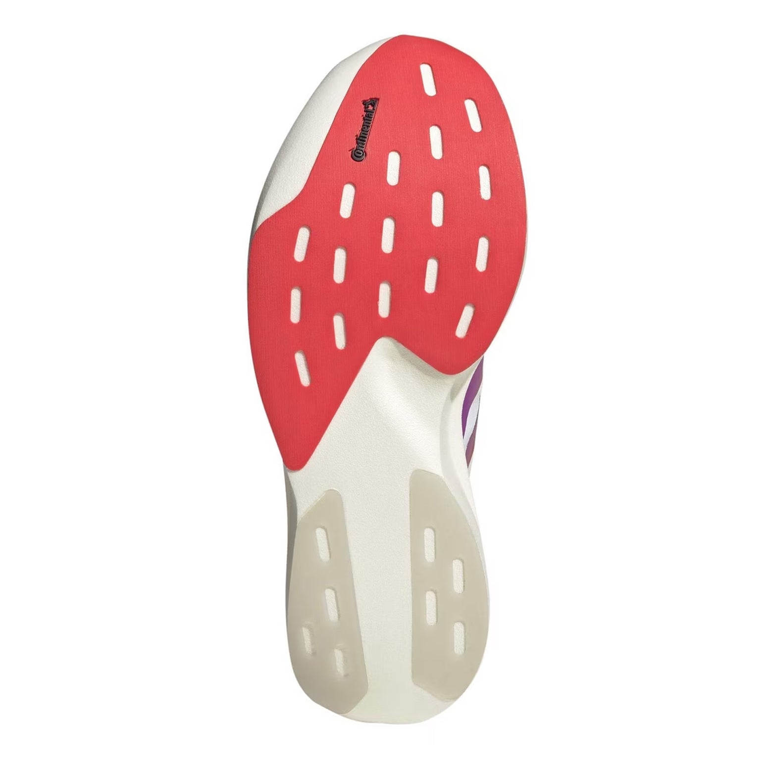 Men's adidas Adizero EVO SL Woven Running Shoes Cloud White Lucid Red Crystal White sole view displaying Continental rubber forefoot and CL rubber rearfoot patches for traction and durability