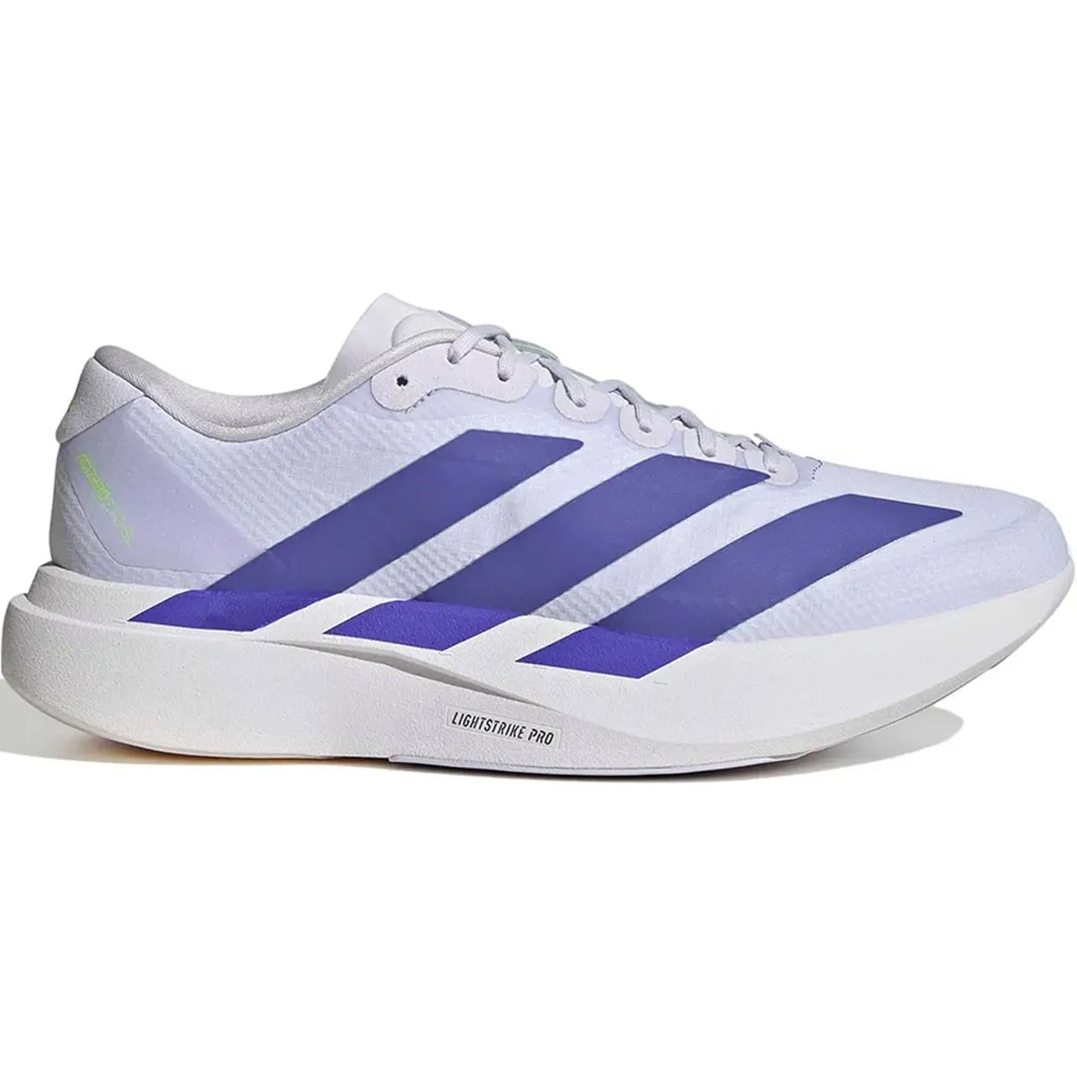Men's adidas Adizero EVO SL Woven Running Shoes Frozen Purple Solar Purple Equipment Green outer side view showing LIGHTSTRIKE PRO foam midsole with woven racing-inspired design for running and lifestyle wear