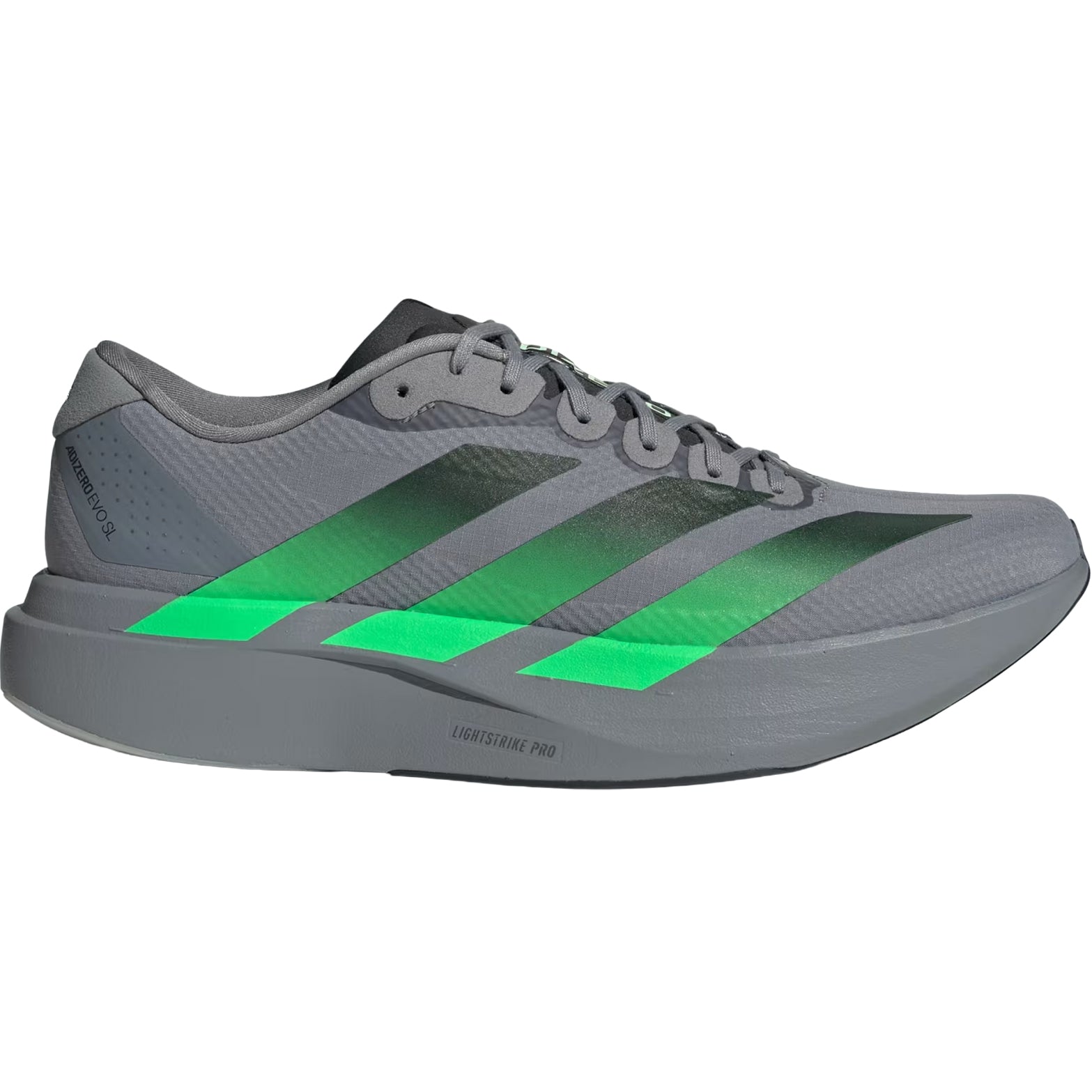 Men's adidas Adizero EVO SL Woven Running Shoes Grey Screaming Green Carbon outer side view showing LIGHTSTRIKE PRO foam midsole with woven racing-inspired design for running and lifestyle wear