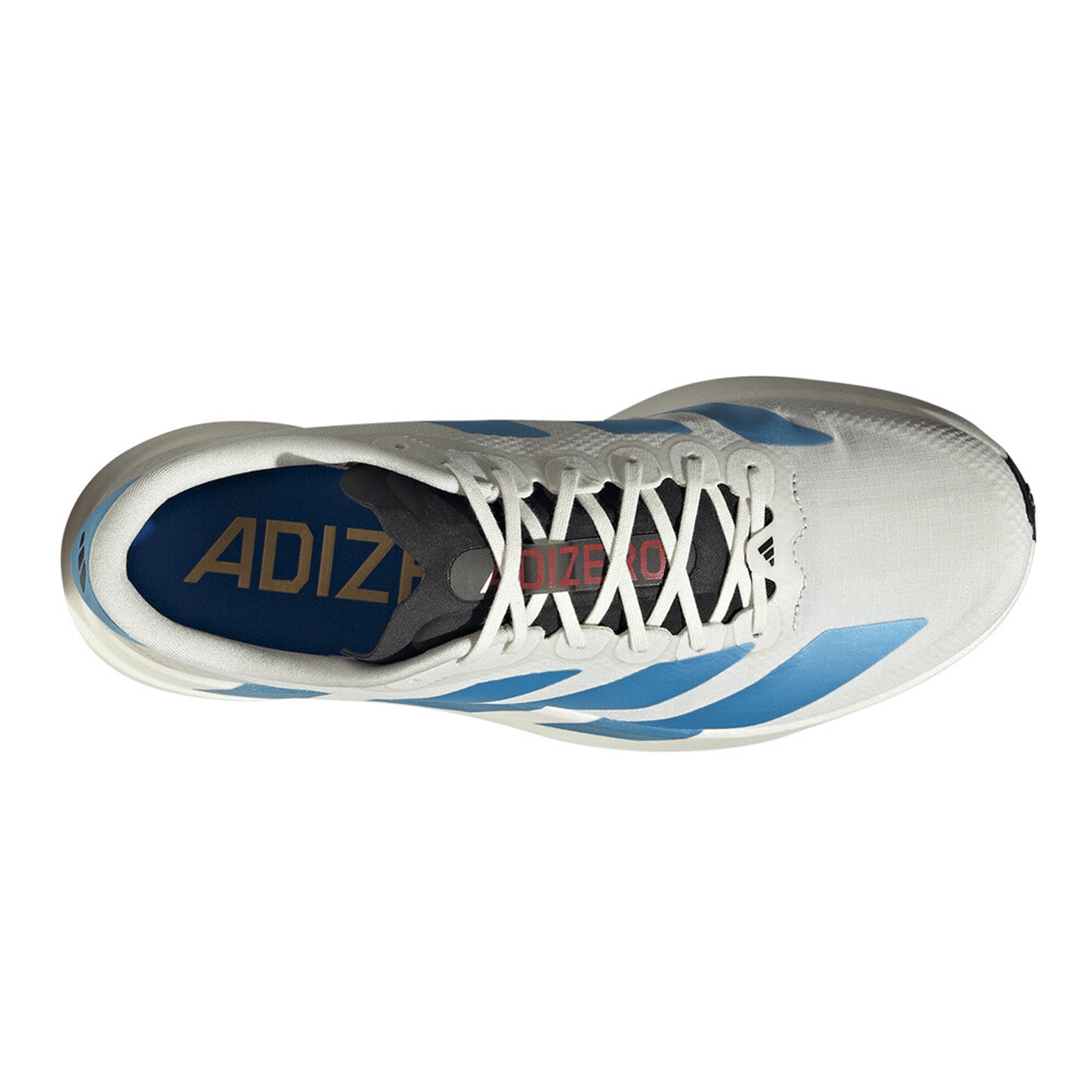 Men's adidas Adizero EVO SL Woven Running Shoes Off White Light Blue Bright Red top view showing synthetic and textile woven upper with racing-inspired aesthetic for versatile wear