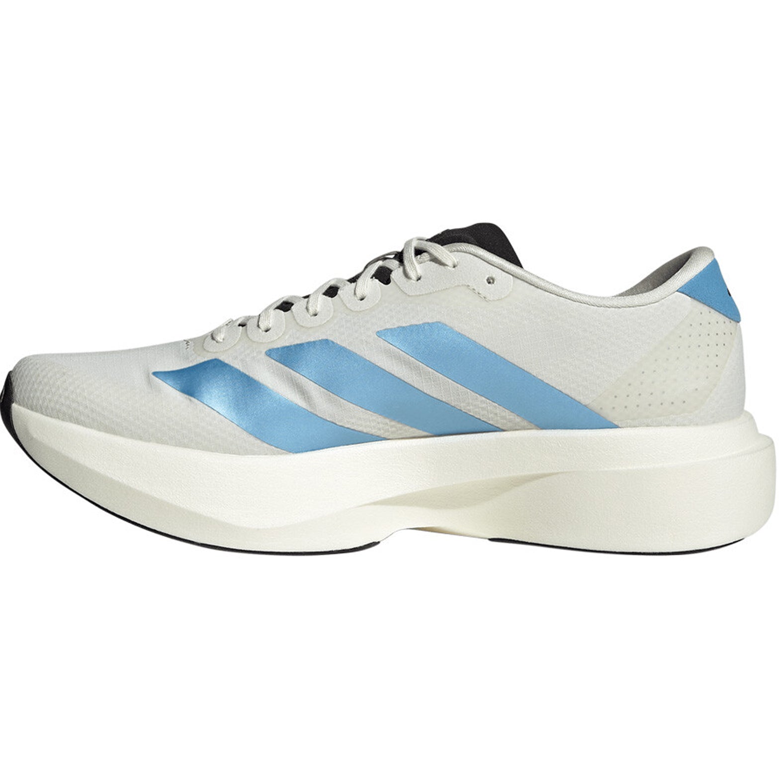 Men's adidas Adizero EVO SL Woven Running Shoes Off White Light Blue Bright Red inner side view showing responsive LIGHTSTRIKE PRO cushioning with Continental rubber outsole