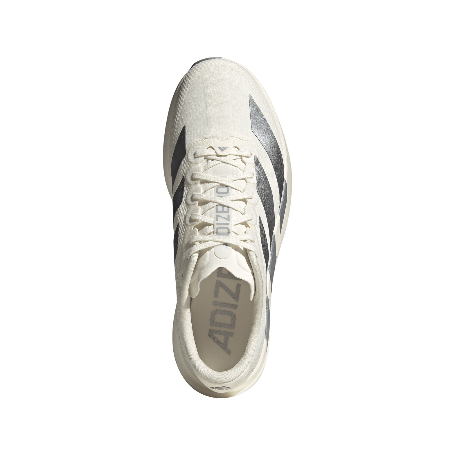 Adidas Adizero Evo SL men's running shoes White White Silver top angle view showing synthetic and textile upper construction