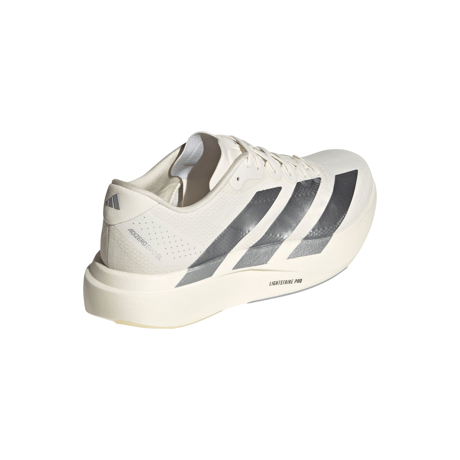 Adidas Adizero Evo SL White White Silver heel and outer side angle showing LIGHTSTRIKE PRO foam midsole with 39mm heel stack height