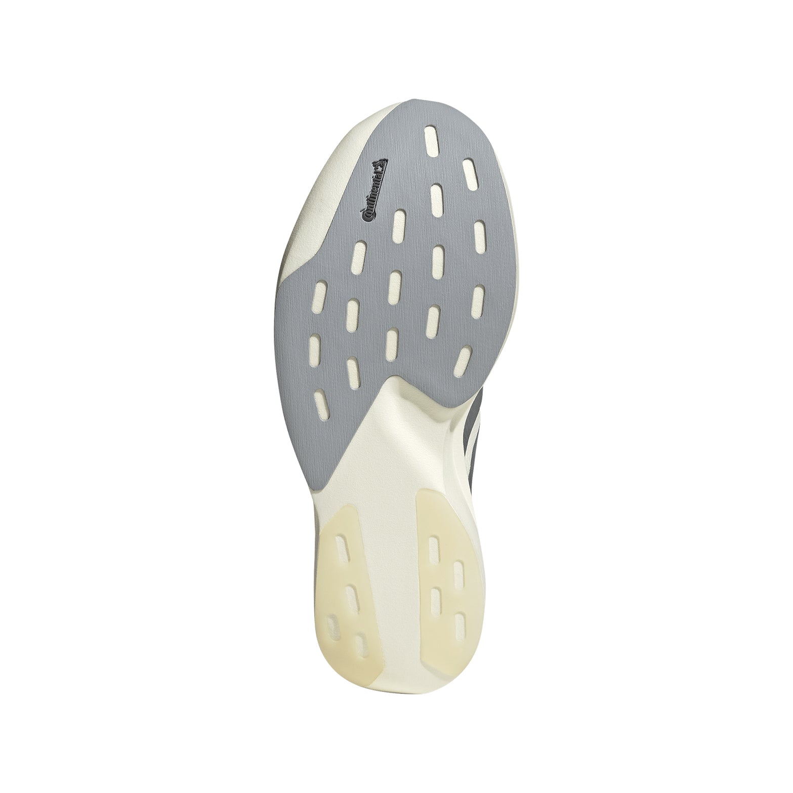 Adidas Adizero Evo SL White White Silver outsole view displaying Continental Rubber forefoot patch and CL Rubber rearfoot patches