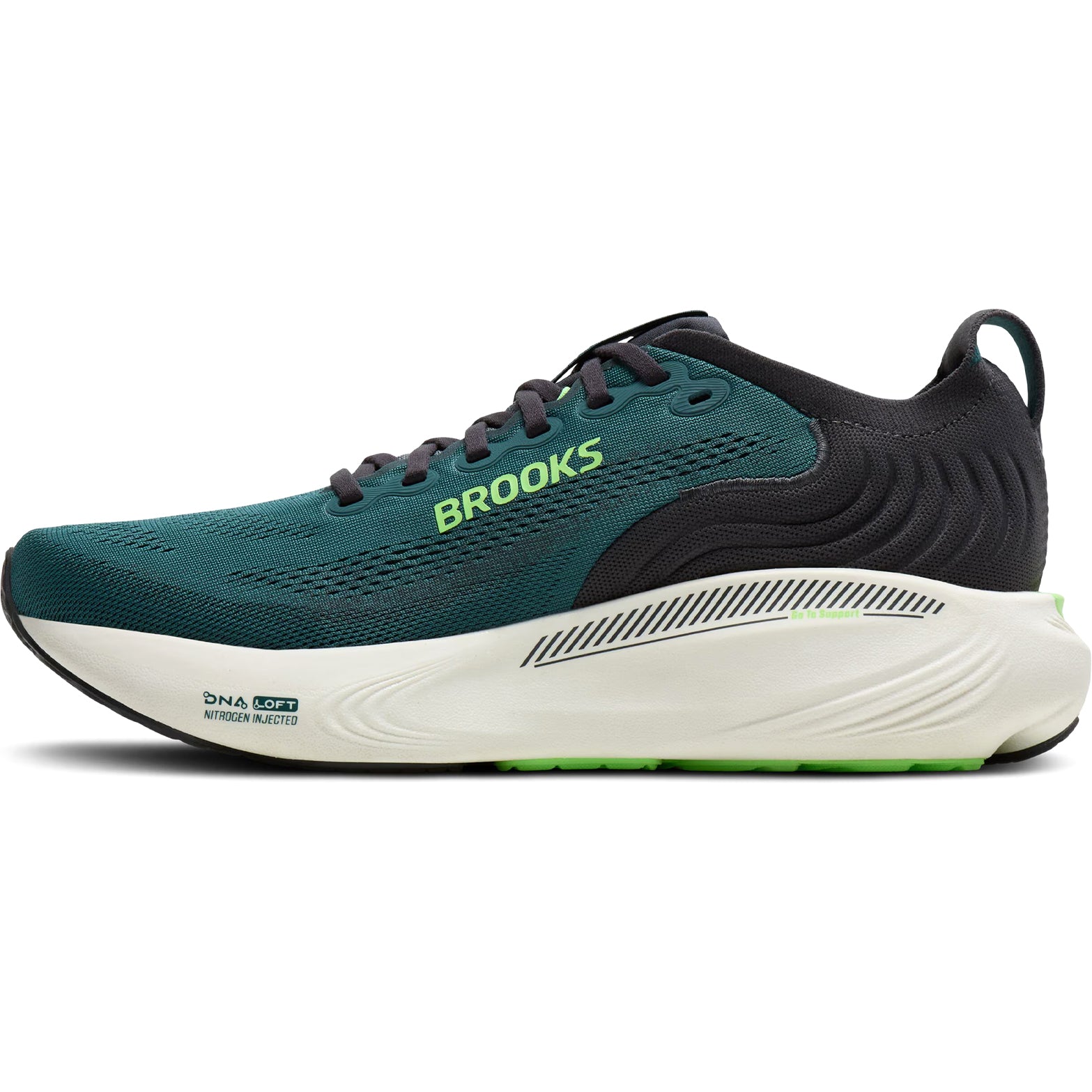 Men's Brooks Adrenaline GTS 25 Running Shoes Dark Green inner side view showing DNA LOFT foam in heel and forefoot with GuideRails natural motion support