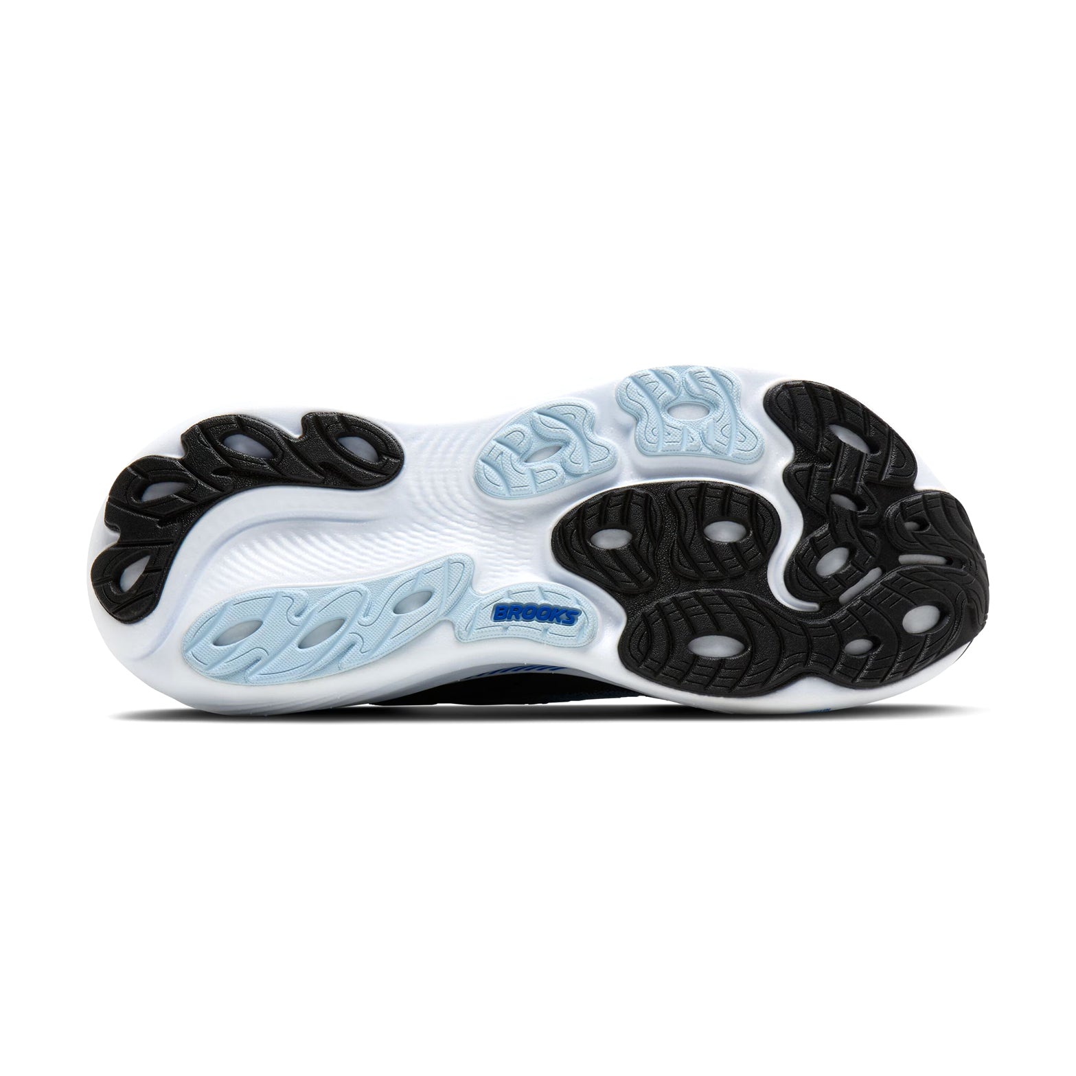 Men's Brooks Adrenaline GTS 25 Running Shoes Black Blue Nantucket Breeze sole view displaying durable outsole with GuideRails geometry for reliable road traction and support