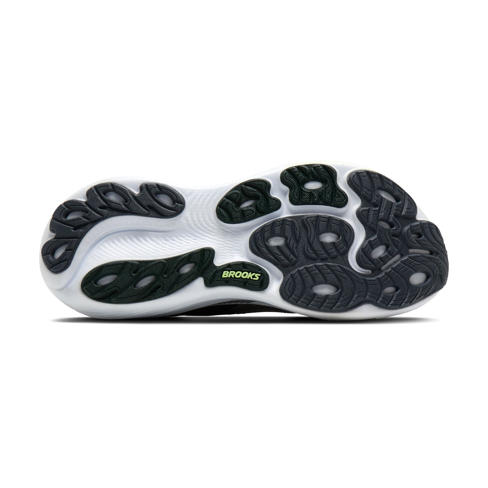 Brooks Adrenaline GTS 25 men's running shoe in Grey / Paradise Green / Spruce — outsole view showing durable rubber tread pattern and paradise green DNA LOFT nitrogen-infused foam midsole stack profile