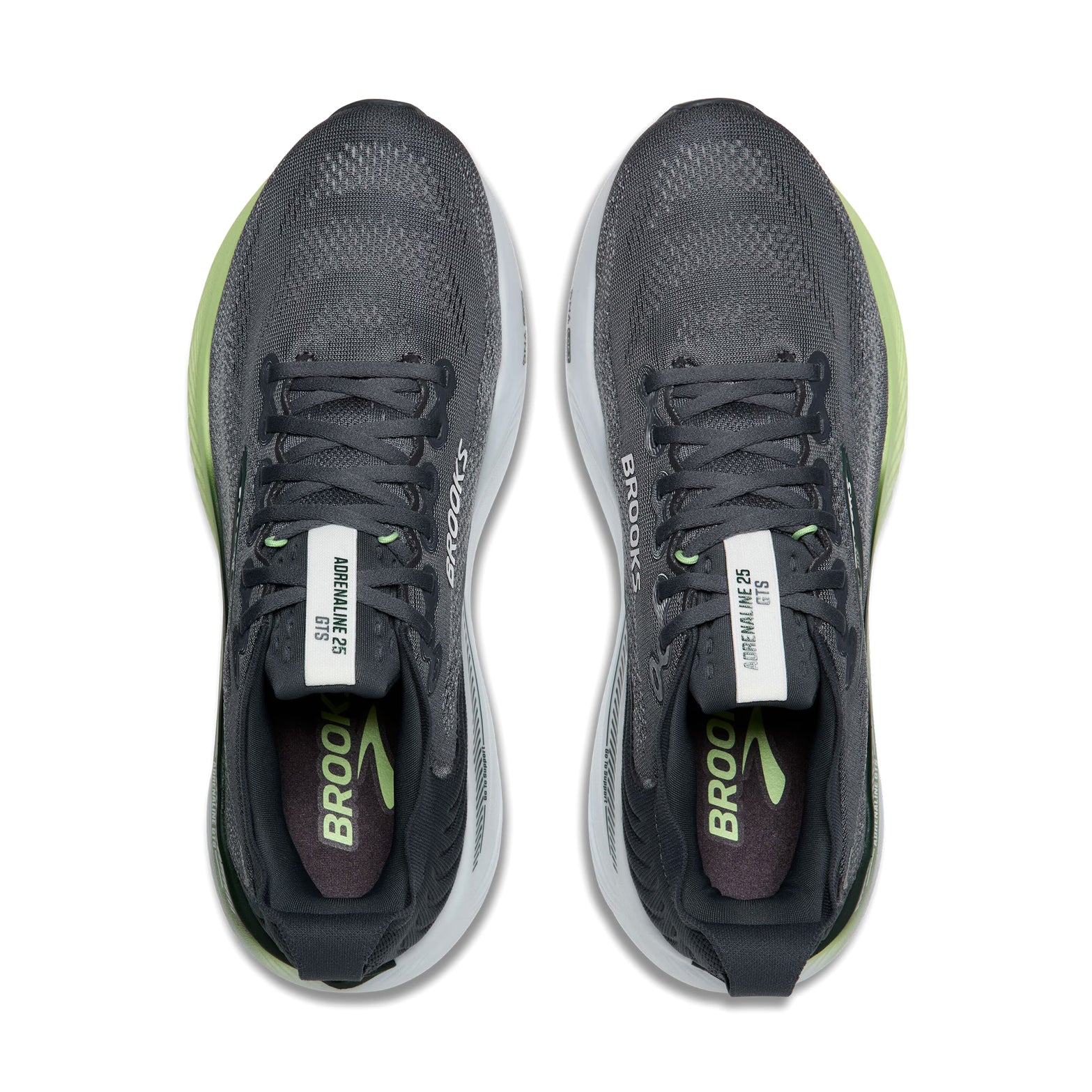 Brooks Adrenaline GTS 25 men's running shoe in Grey / Paradise Green / Spruce — top-down view showing grey engineered mesh upper construction, lace closure and spruce accent detailing