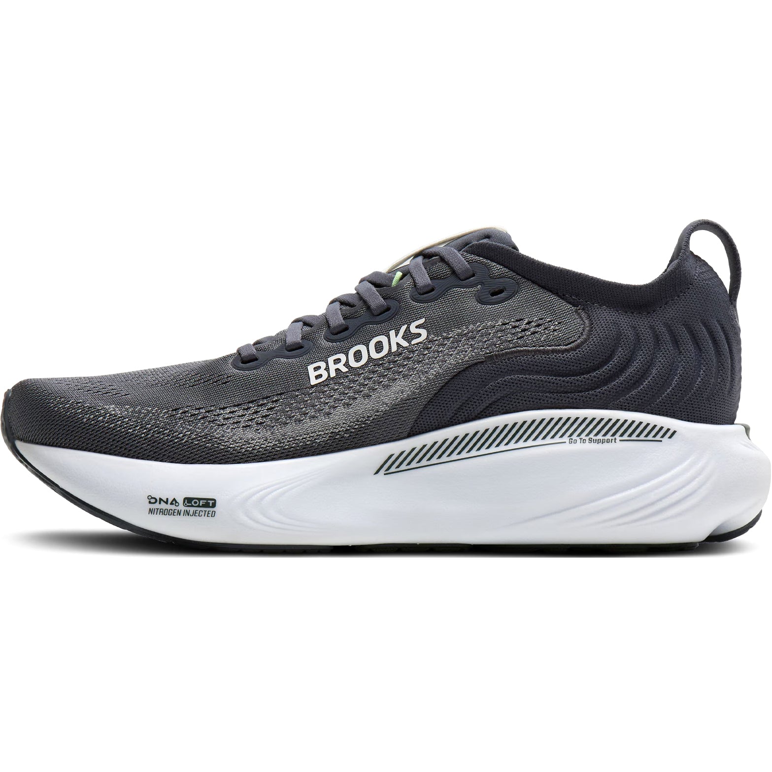 Brooks Adrenaline GTS 25 men's running shoe in Grey / Paradise Green / Spruce — inner view showing grey engineered mesh upper, paradise green midsole detailing, GuideRails support structure and DNA LOFT cushioning construction
