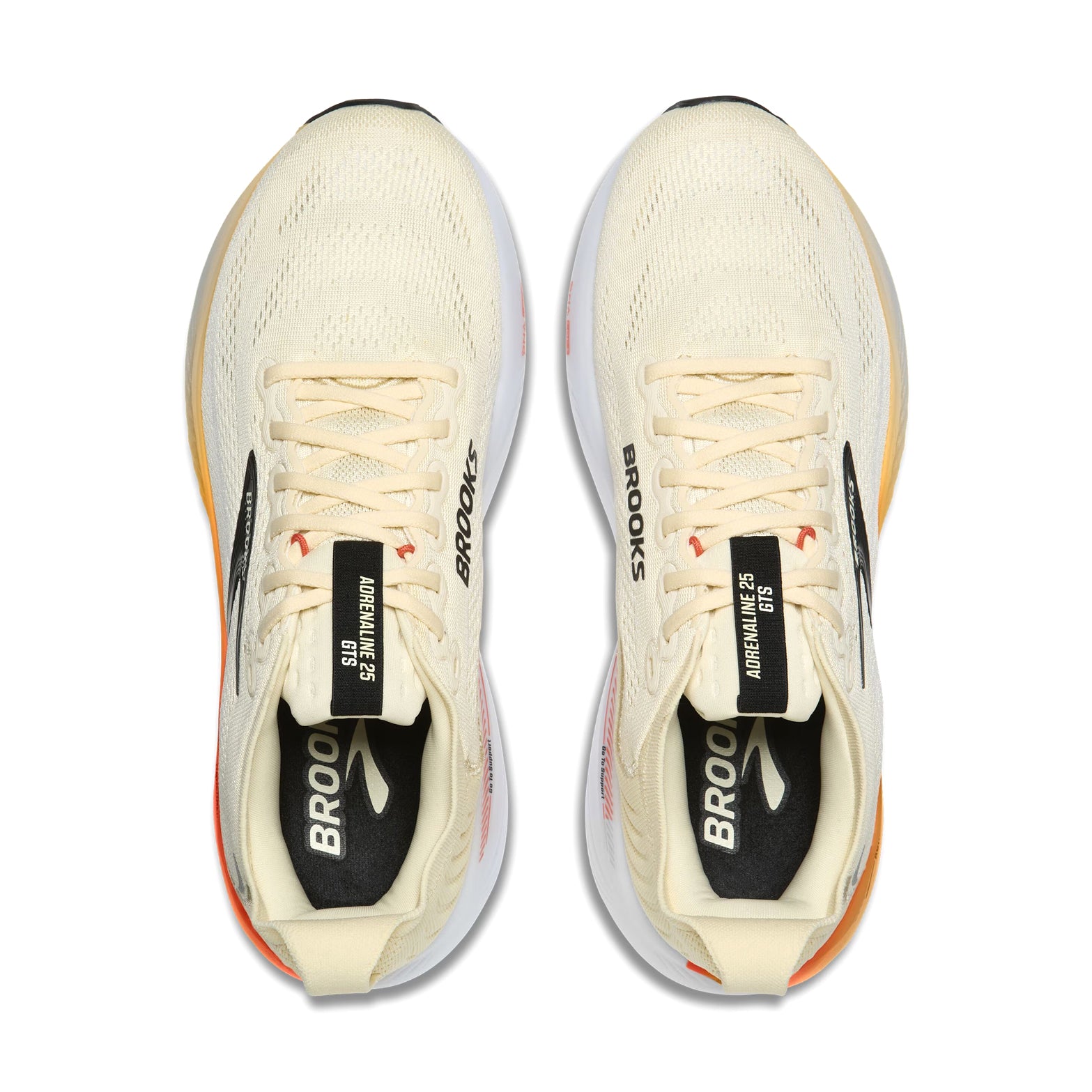Brooks Adrenaline GTS 25 men's running shoe in Rutabaga / Tigerlily / Orange — top-down view showing rutabaga engineered mesh upper construction, lace closure and orange accent detailing