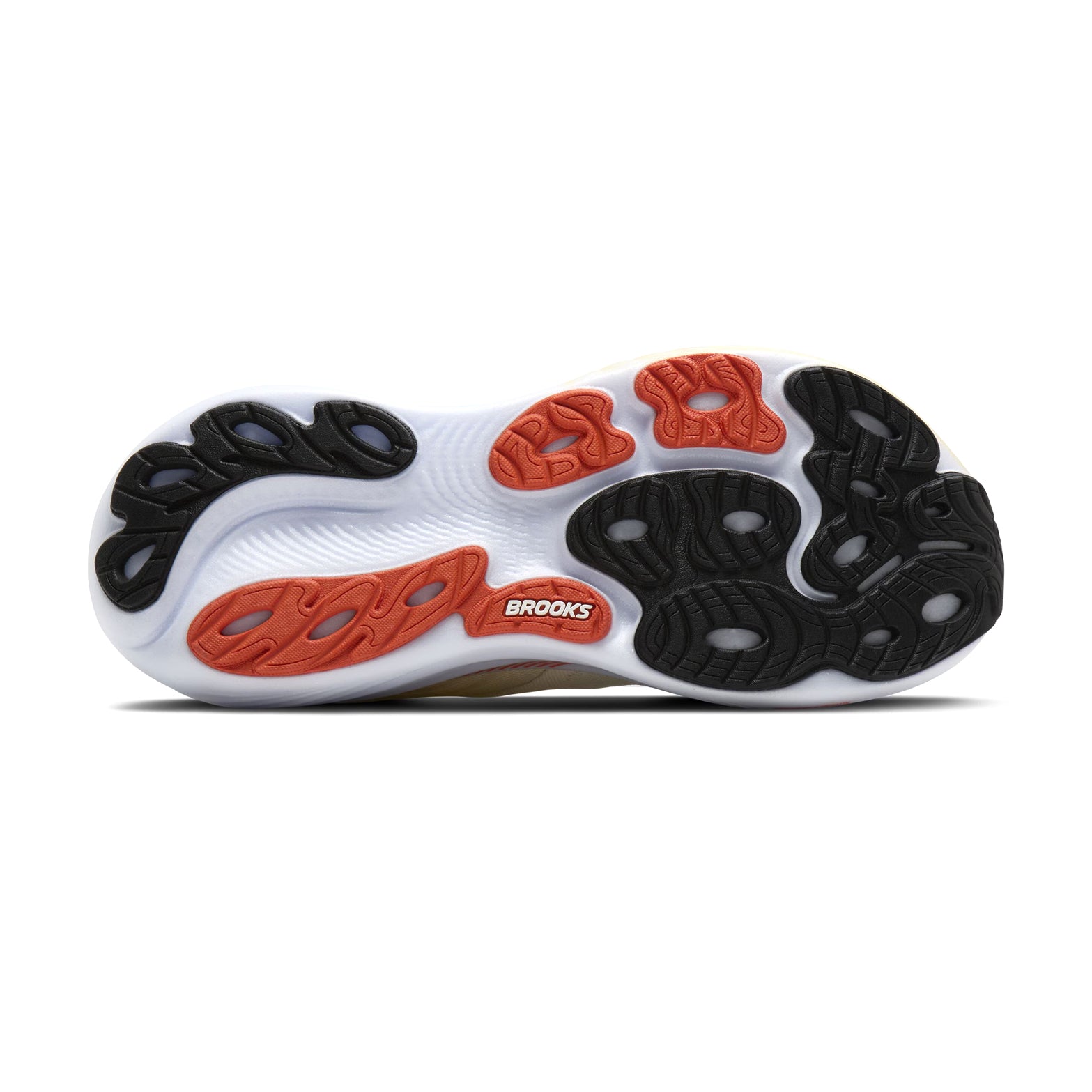Brooks Adrenaline GTS 25 men's running shoe in Rutabaga / Tigerlily / Orange — outsole view showing durable rubber tread pattern and tigerlily DNA LOFT nitrogen-infused foam midsole stack profile