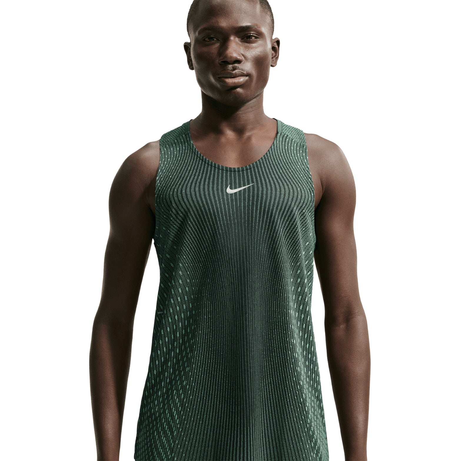 Men's Nike Aero-FIT Running Vest Black Light Green Spark Reflective Silver front view on male runner showing strategic mesh zones with Aero-FIT maximum breathability technology for warm weather running